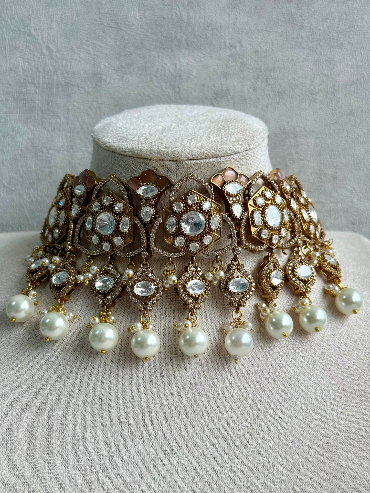 Ayura Designs Serina Choker Set with Earrings – Nude Blush Enamel, Mirror-Cut Stones & Pearl Drops