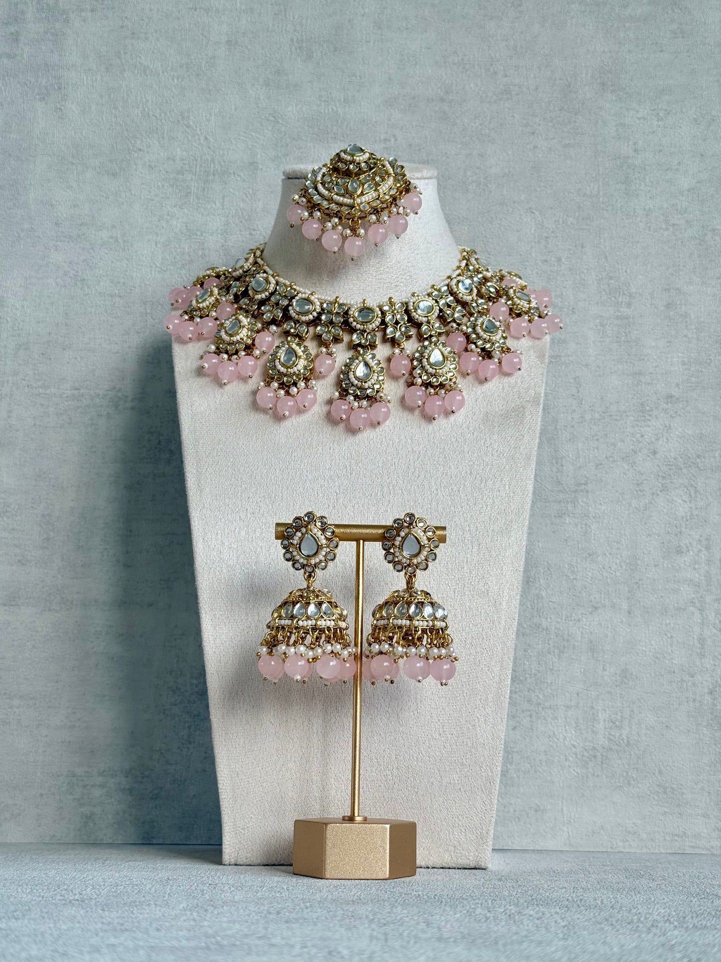 Ayura Designs Iyla Set with Necklace, Earrings & Tikka – Kundan Detailing, Ivory Pearl Drops & Blush Pink Beads