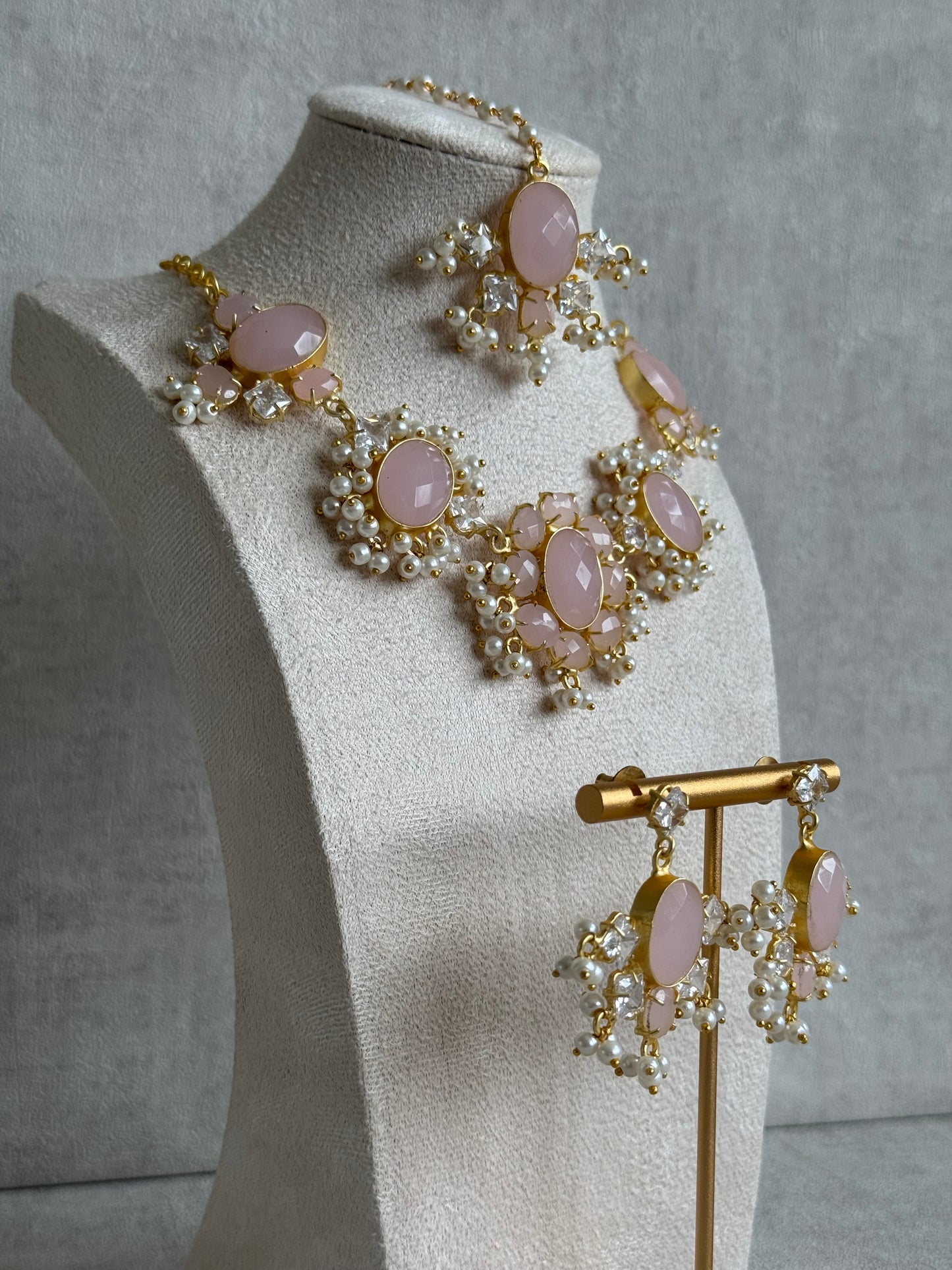 Ayura Designs Parisa Set with Tikka & Earrings – Rose Quartz, Crystals & Pearls