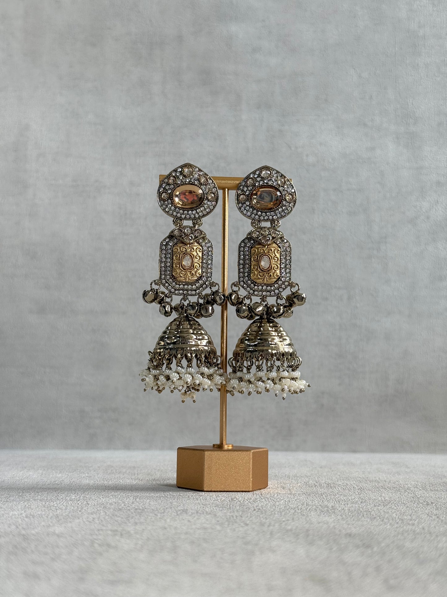 Ayura Designs Maara Jhumkis – Champagne Gold with Champagne Stones, Crystals, Ghungroos & Pearl Detailing