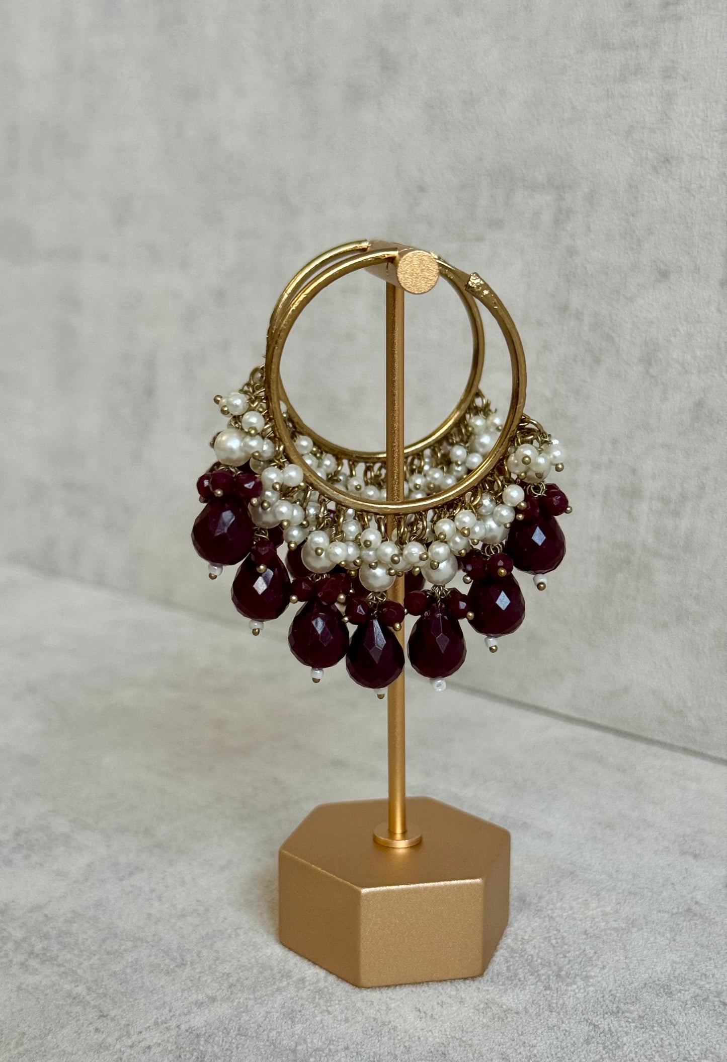 Ayura Designs Jhanak Balis – Pearl Hoops with Wine-Coloured Beads