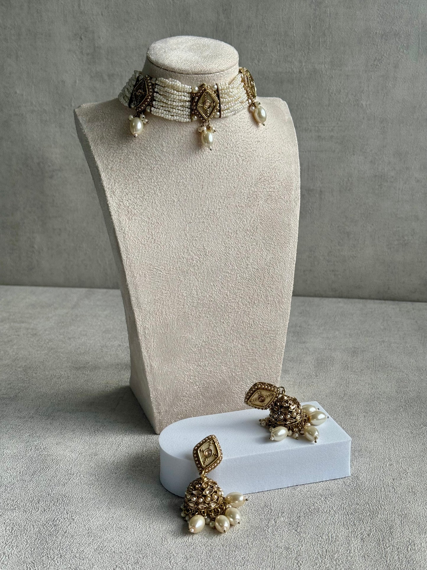 Ayura Designs Ariana Choker Set with Jhumkis – Kundan & Pearl in Antique Gold