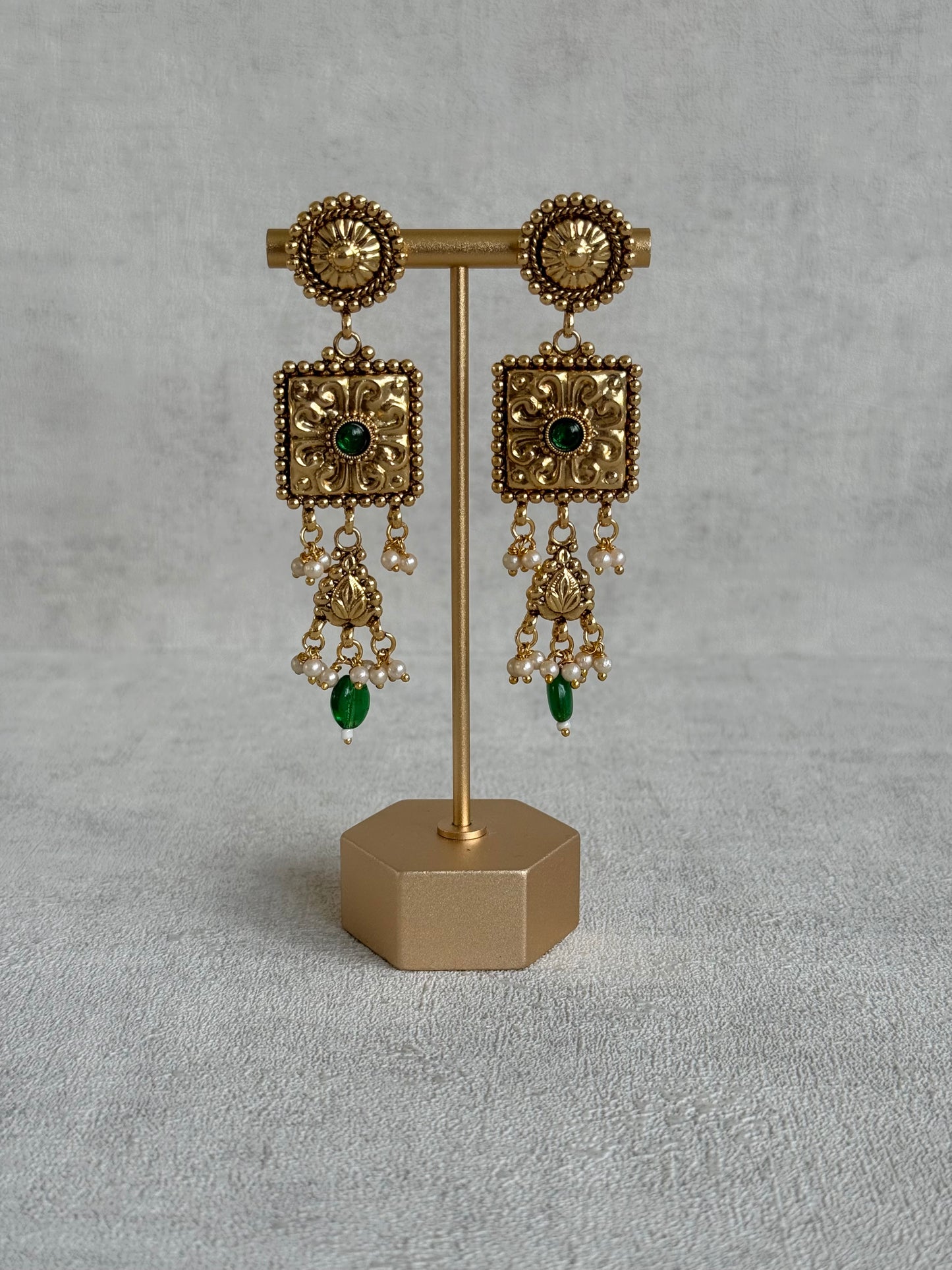 Ayura Designs Nimrah Choker Set with Earrings & Tikka – Emerald Green Gold Tone Waterfall Jewellery Set