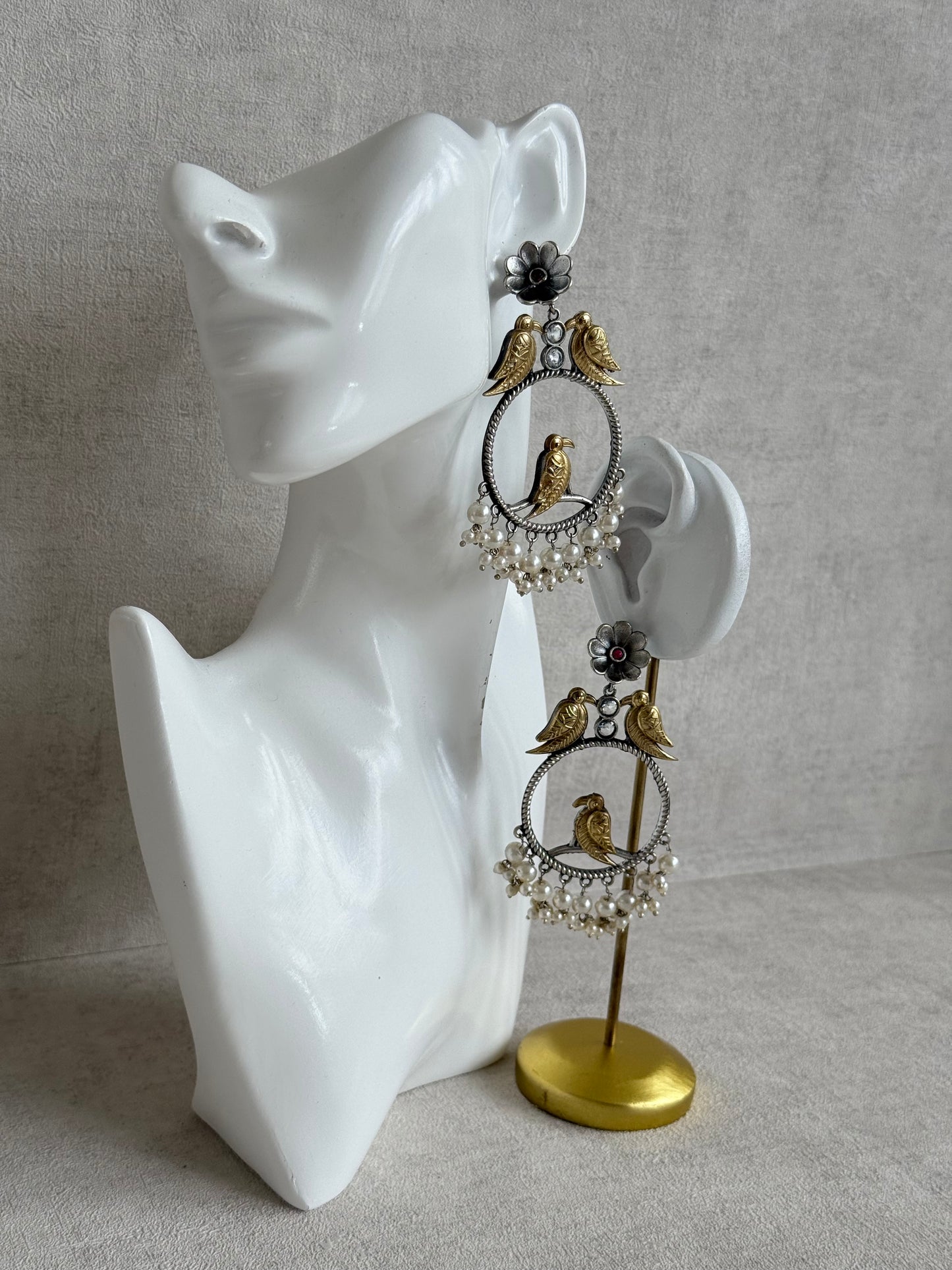 Ayura Designs Wasl Earrings – Dual Tone Oxidised Bird Hoop Earrings with Pearl Clusters