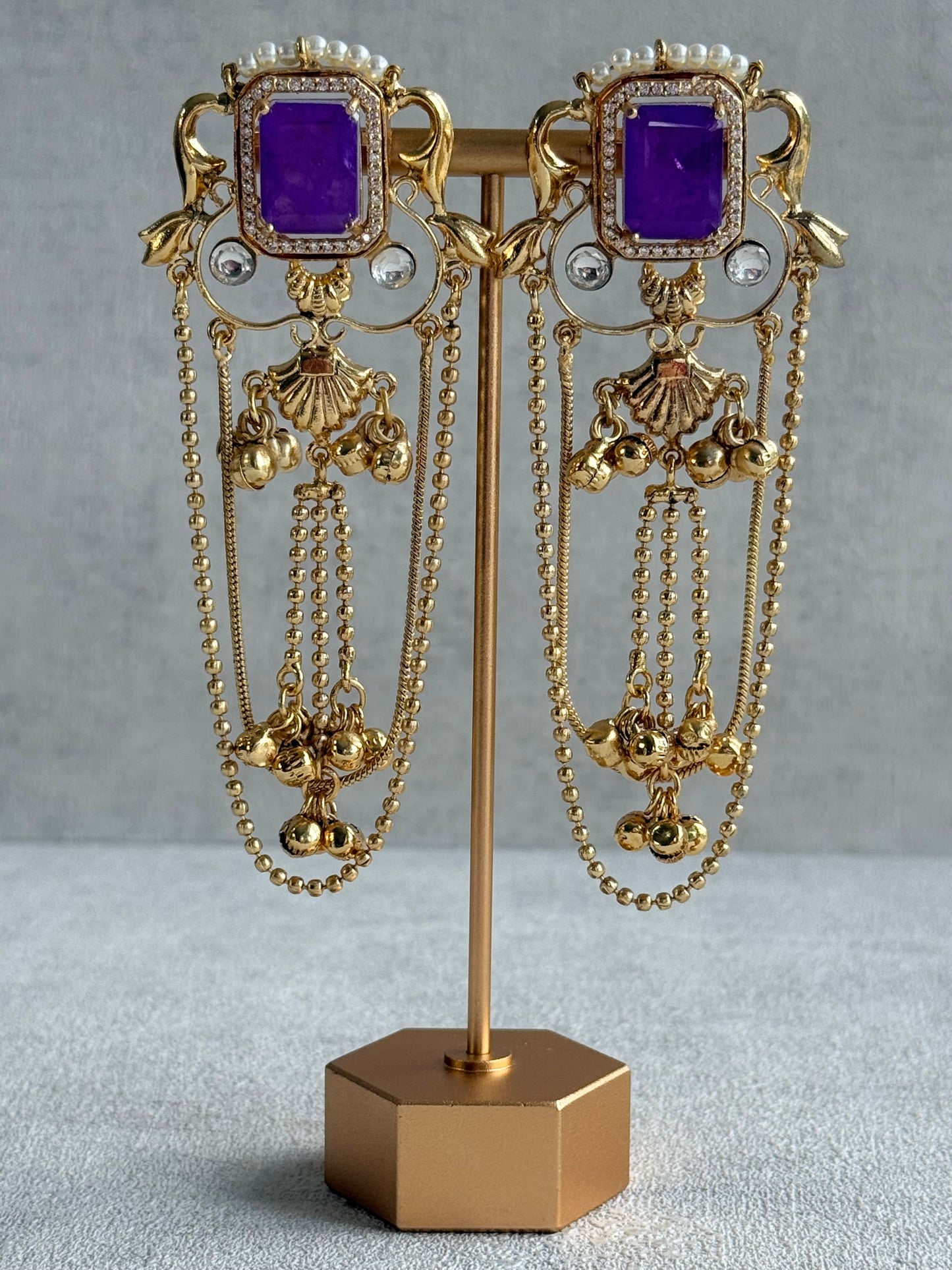 Ayura Designs Jaid Earrings – Royal Purple Floral Motif with Layered Chains & Ghungroos