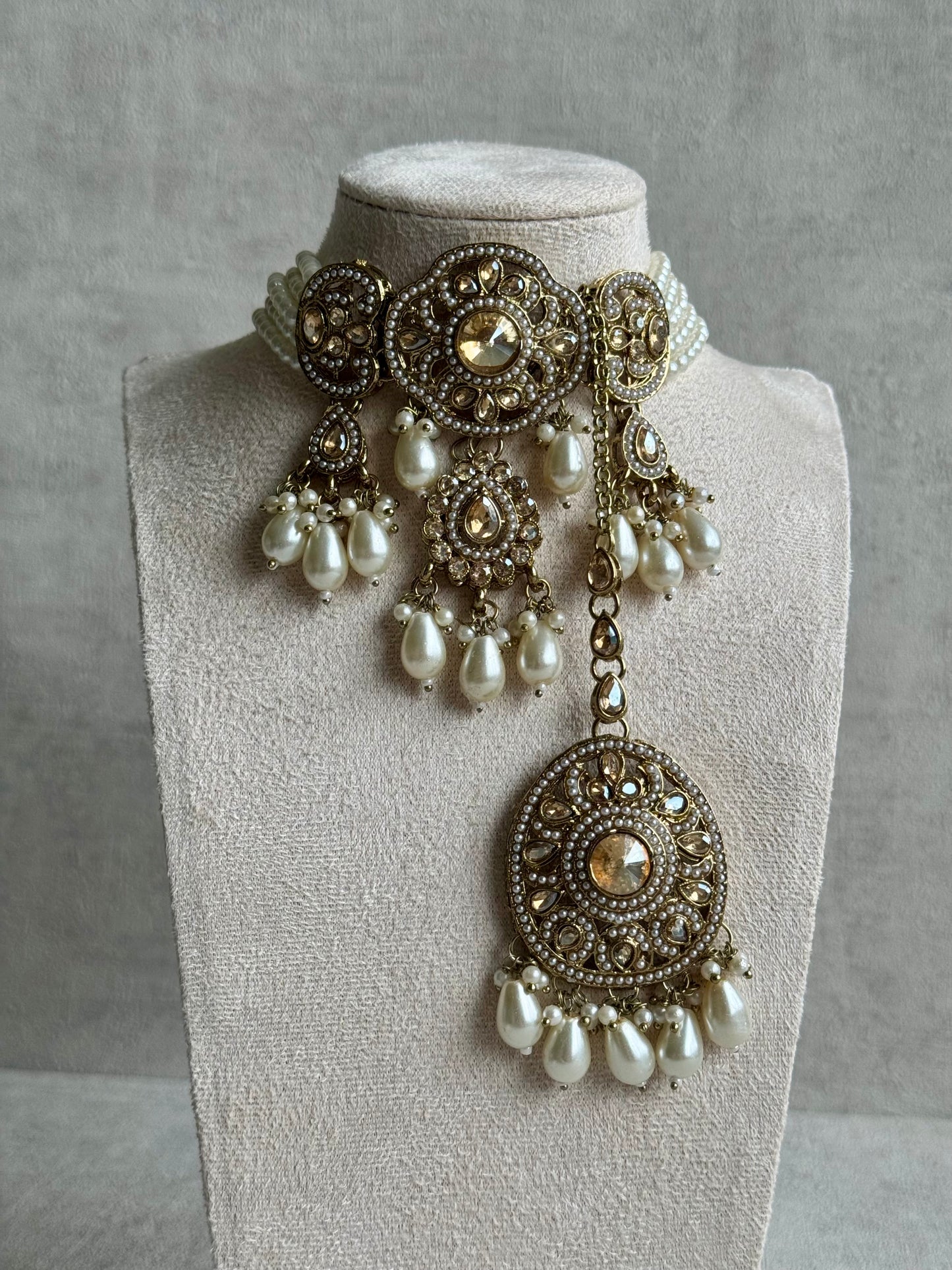 Ayura Designs Azhar Choker Set with Jhumkis & Tikka – Champagne Gold, White Pearls, Polki with Champagne Stones