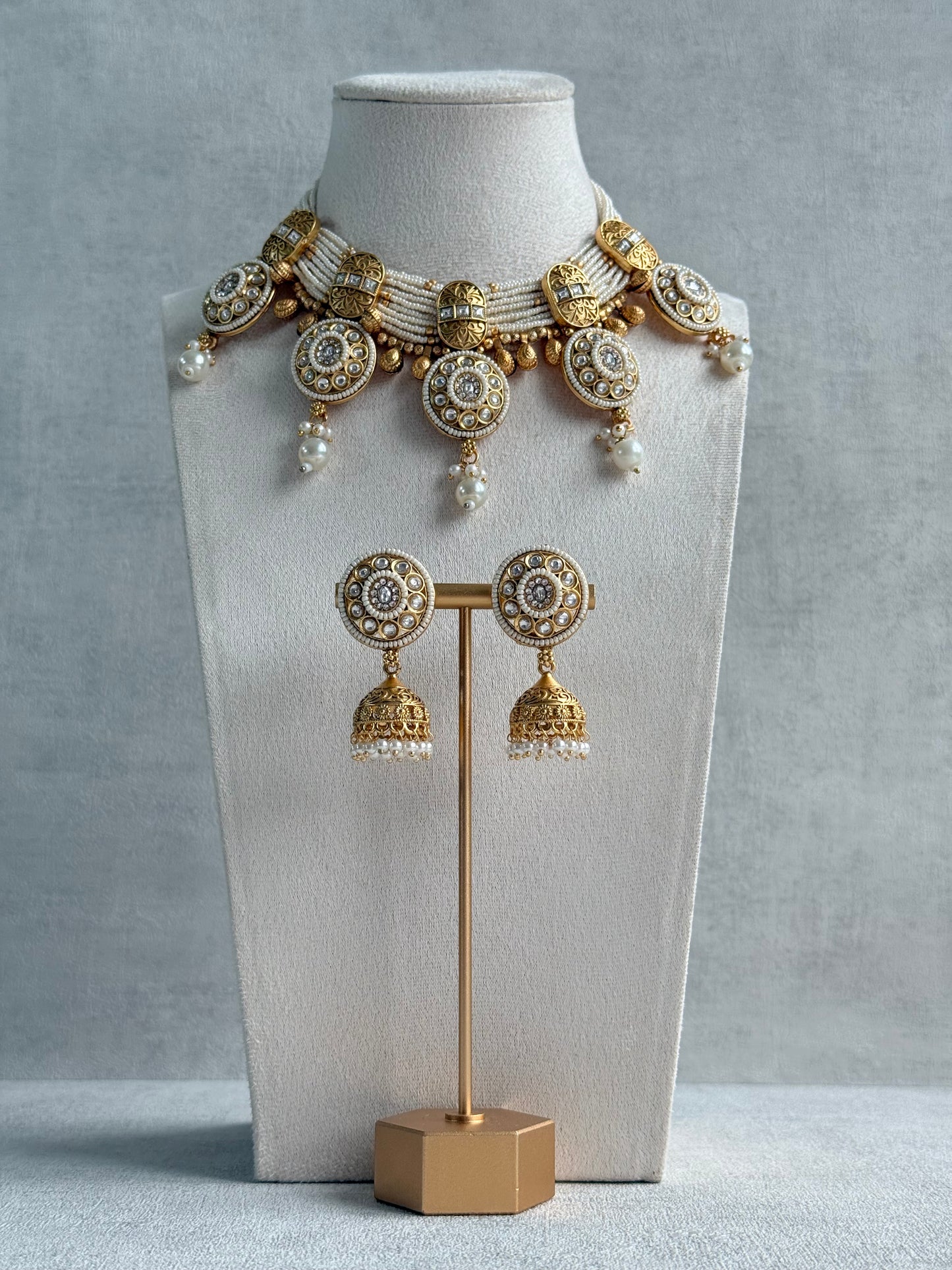 Ayura Designs Kesar Necklace Set with Jhumkis – Multi-Strand Ivory Pearl Design, Kundan Stones & Gold Finish