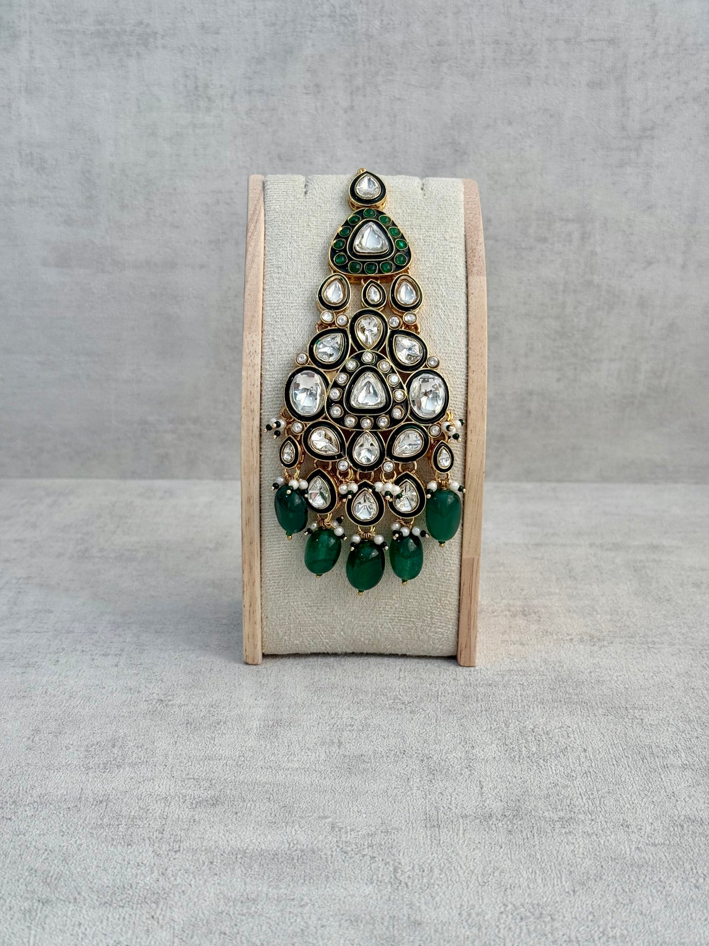 Ayura Designs Salma Jhoomar Passa – Emerald Green Drops with Kundan Stones & Antique Gold Finish