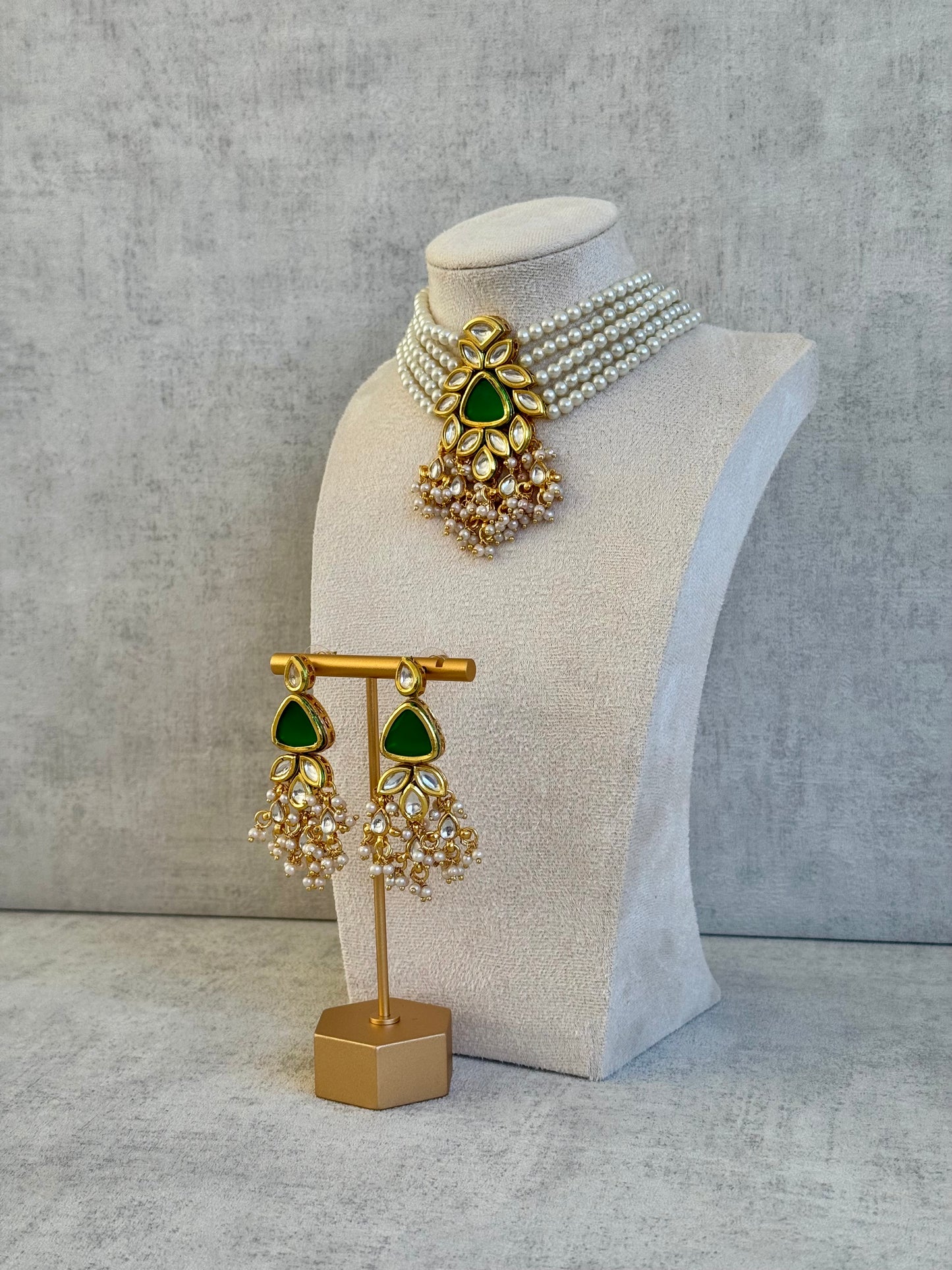 Ayura Designs Elina Set – Pearl Choker & Earrings with Green Stone Centerpiece and Kundan Detailing