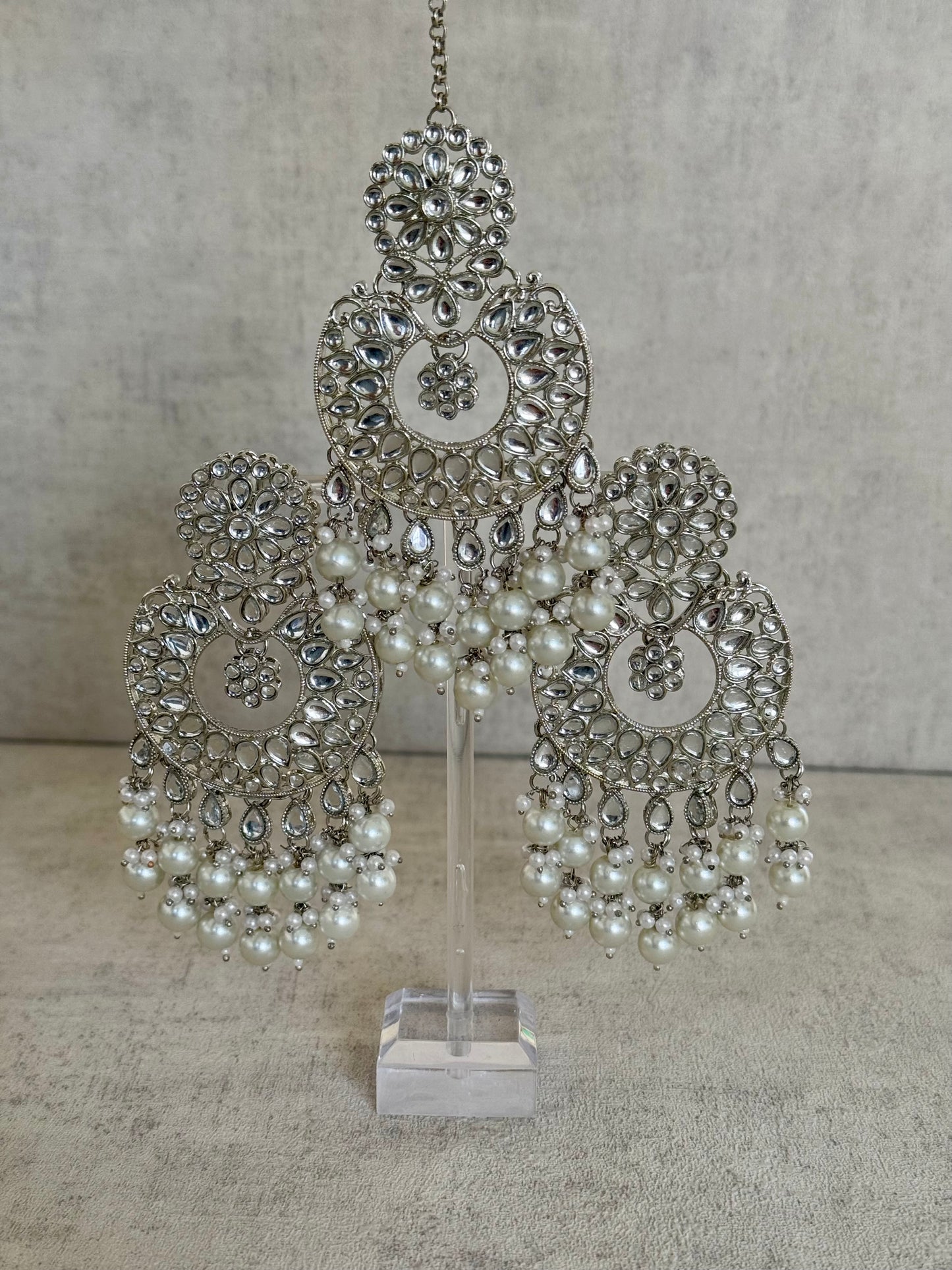 Ayura Designs Roshni Tikka Set - Silver Kundan with Pearl Detailing