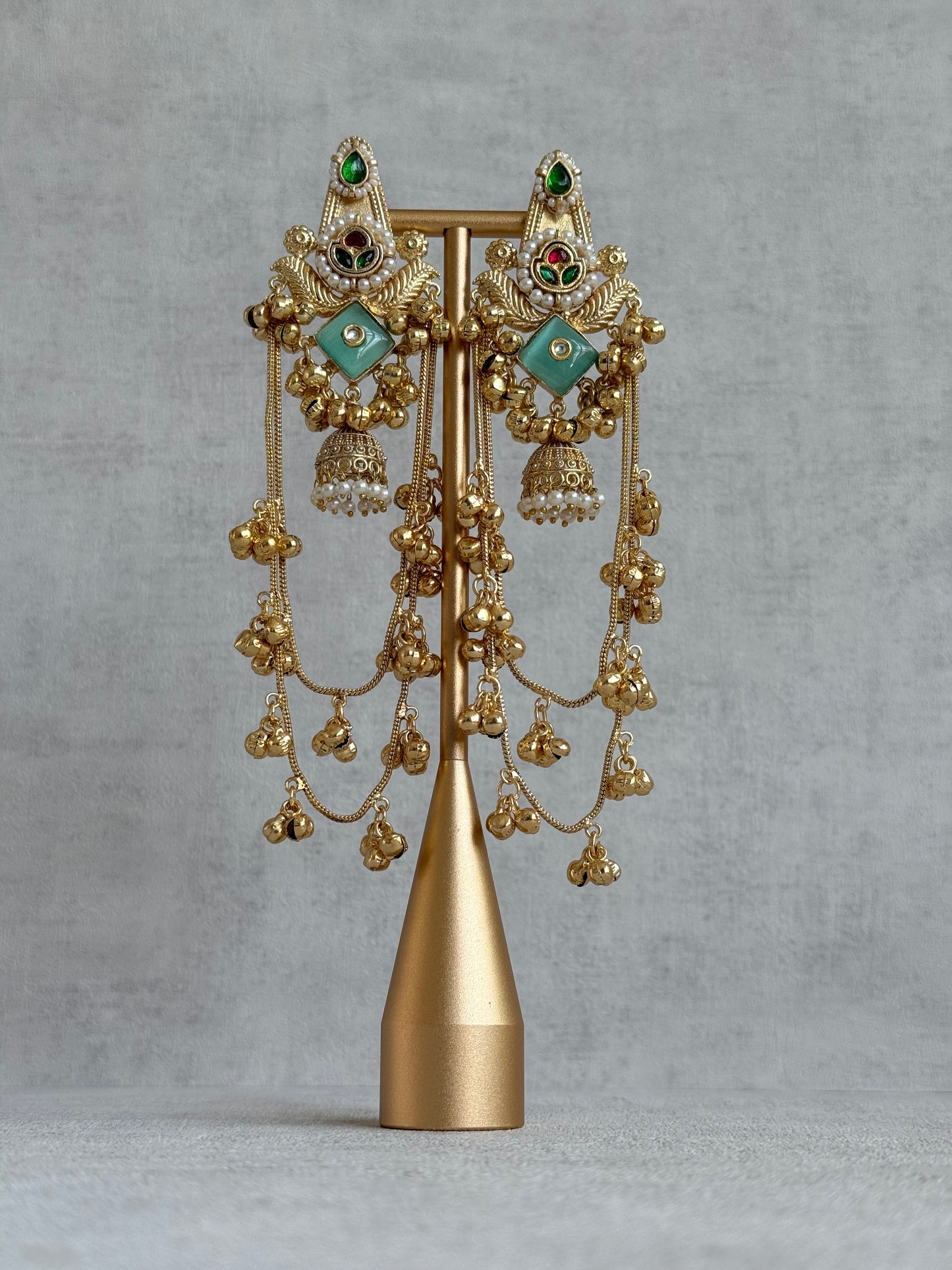 Ayura Designs Simal Earrings – Kashmiri Earrings with Mint Stone, Multicoloured Detailing, Layered Ghungroo Chains & Jhumkis