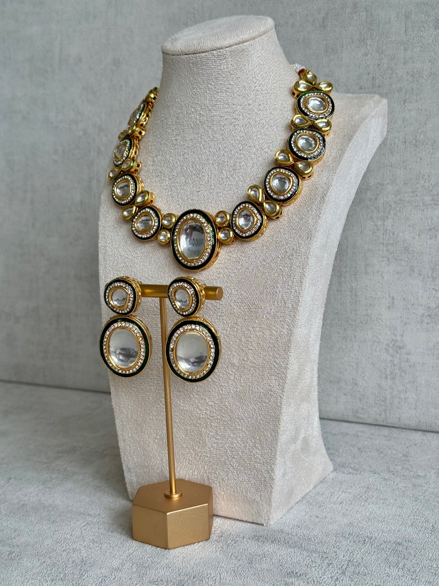 Ayura Designs Sahiba Set – Gold and Emerald Green Kundan Necklace with Oversized Oval Stones and Matching Drop Earrings