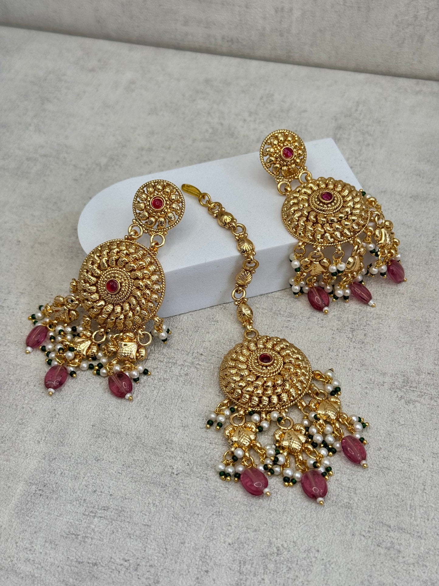Ayura Designs Hoor Tikka & Earrings – Opulent Gold Adornment with Radiant Pink, Green and White Beads