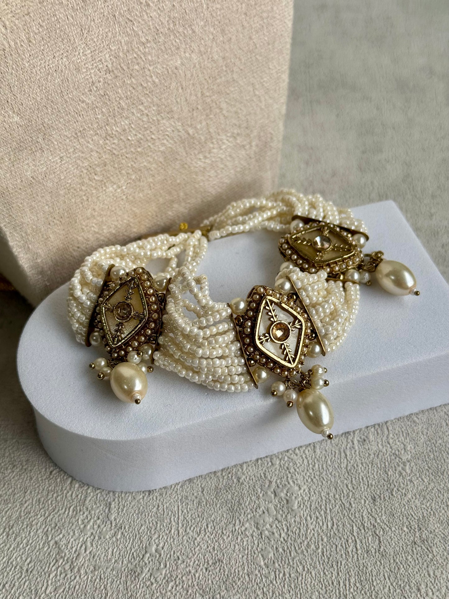 Ayura Designs Ariana Choker Set with Jhumkis – Kundan & Pearl in Antique Gold