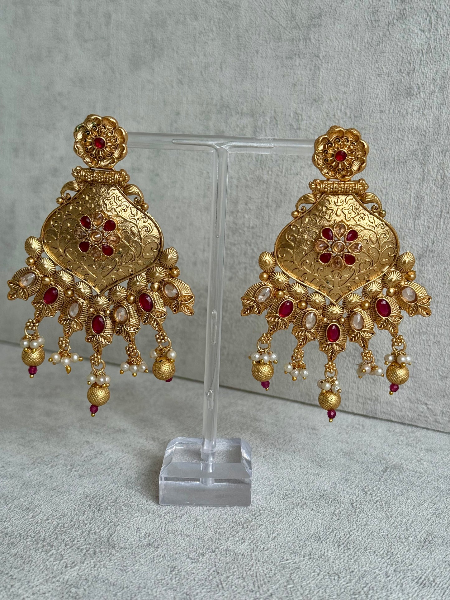 Ayura Designs Neha Earrings – Antique Gold with Ruby Red Stones & Pearl Detailing