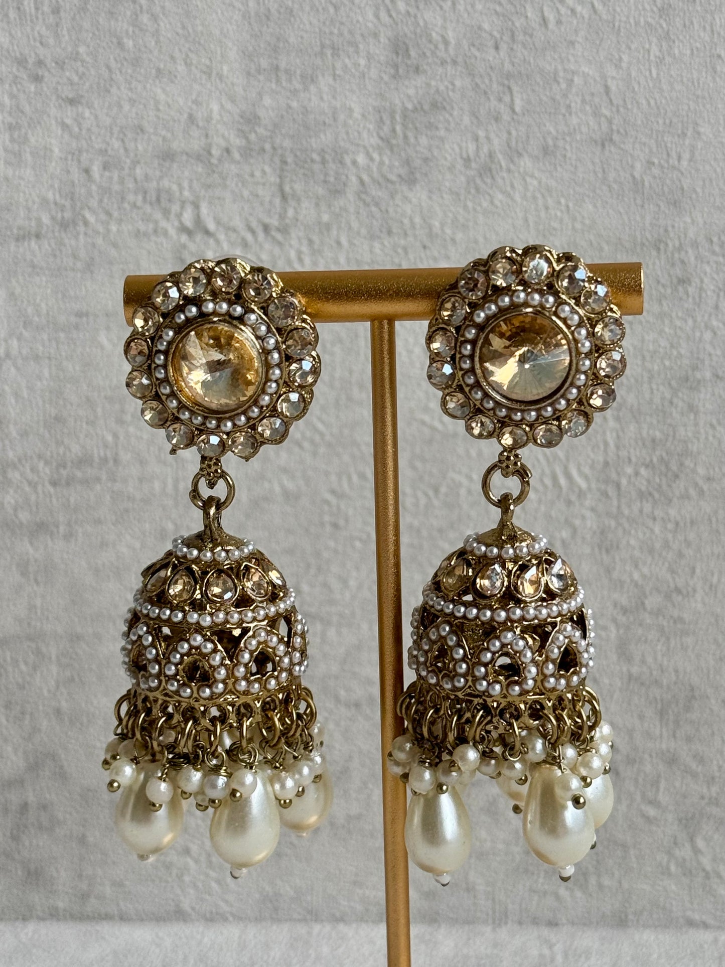 Ayura Designs Azhar Choker Set with Jhumkis & Tikka – Champagne Gold, White Pearls, Polki with Champagne Stones