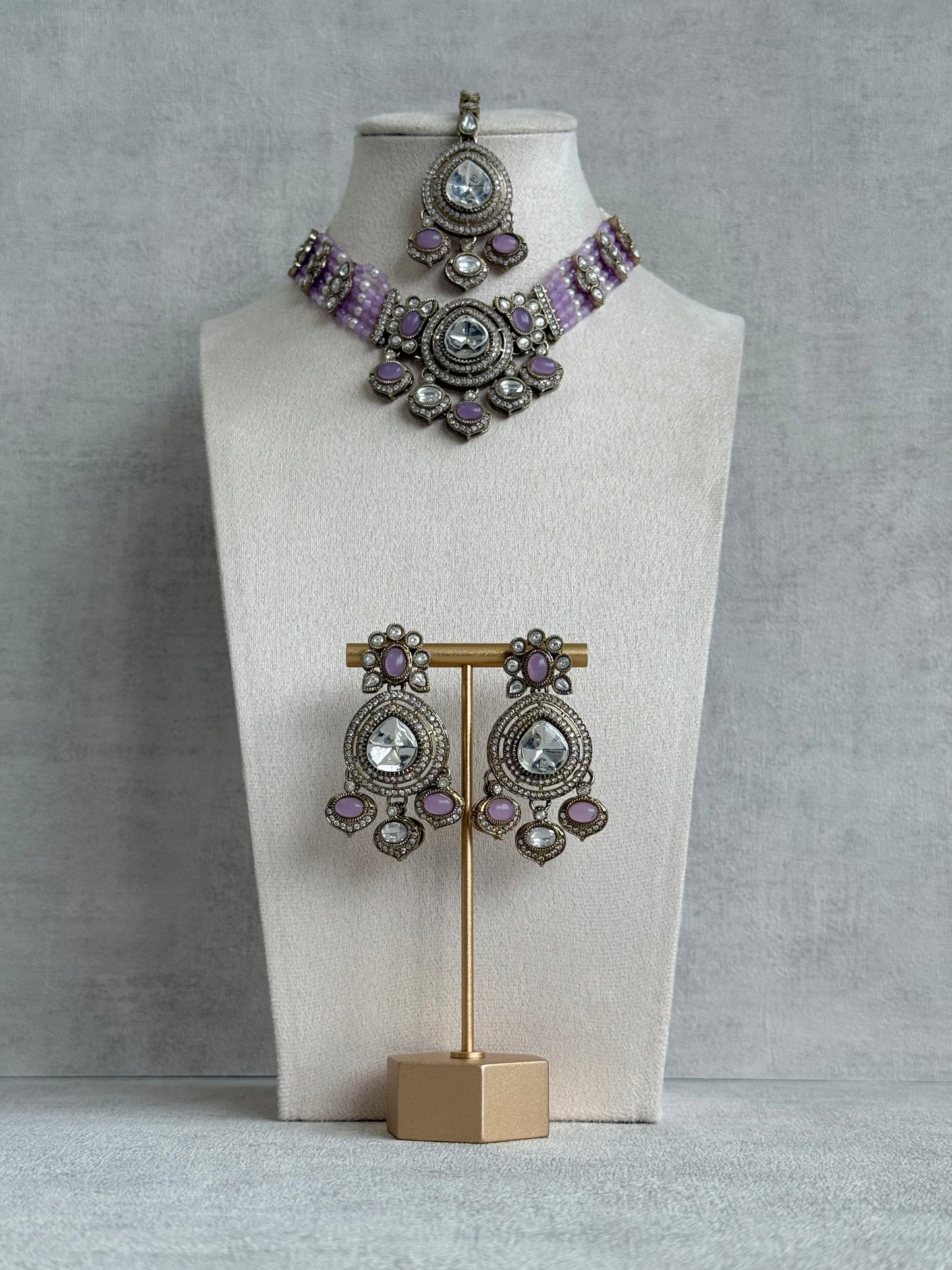 Ayura Designs Rahi Necklace Set with Earrings & Tikka – Lilac Stones with Mirror-Cut Detailing & Pearl Strands