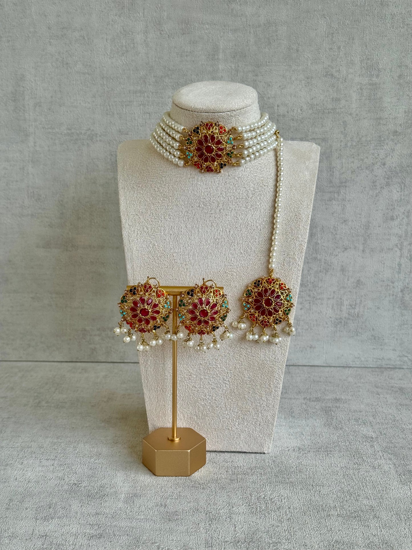 Ayura Designs Mahira Choker Set with Earrings & Tikka – Multicolour Meenakari, Pearls & Antique Gold Finish