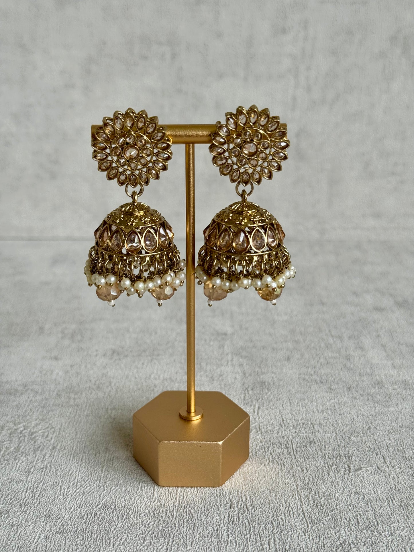 Ayura Designs Kismet Bridal Set with Necklace, Jhumkis & Tikka – in Champagne Stone & Pearl Detailing