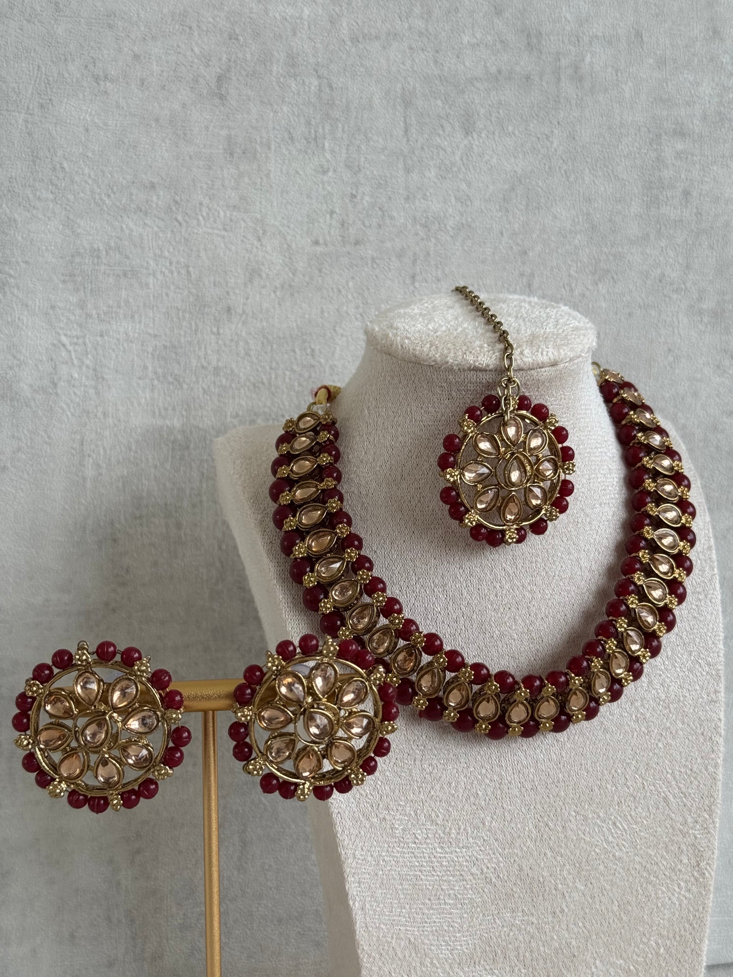 Ayura Designs Hala Set with Tikka & Studs – Maroon Beads & Champagne Kundan