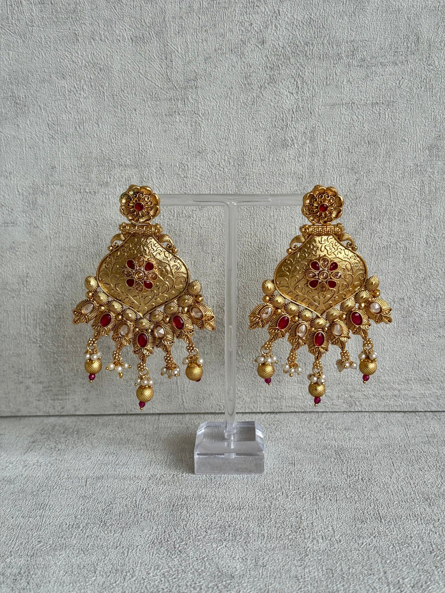 Ayura Designs Neha Earrings – Antique Gold with Ruby Red Stones & Pearl Detailing