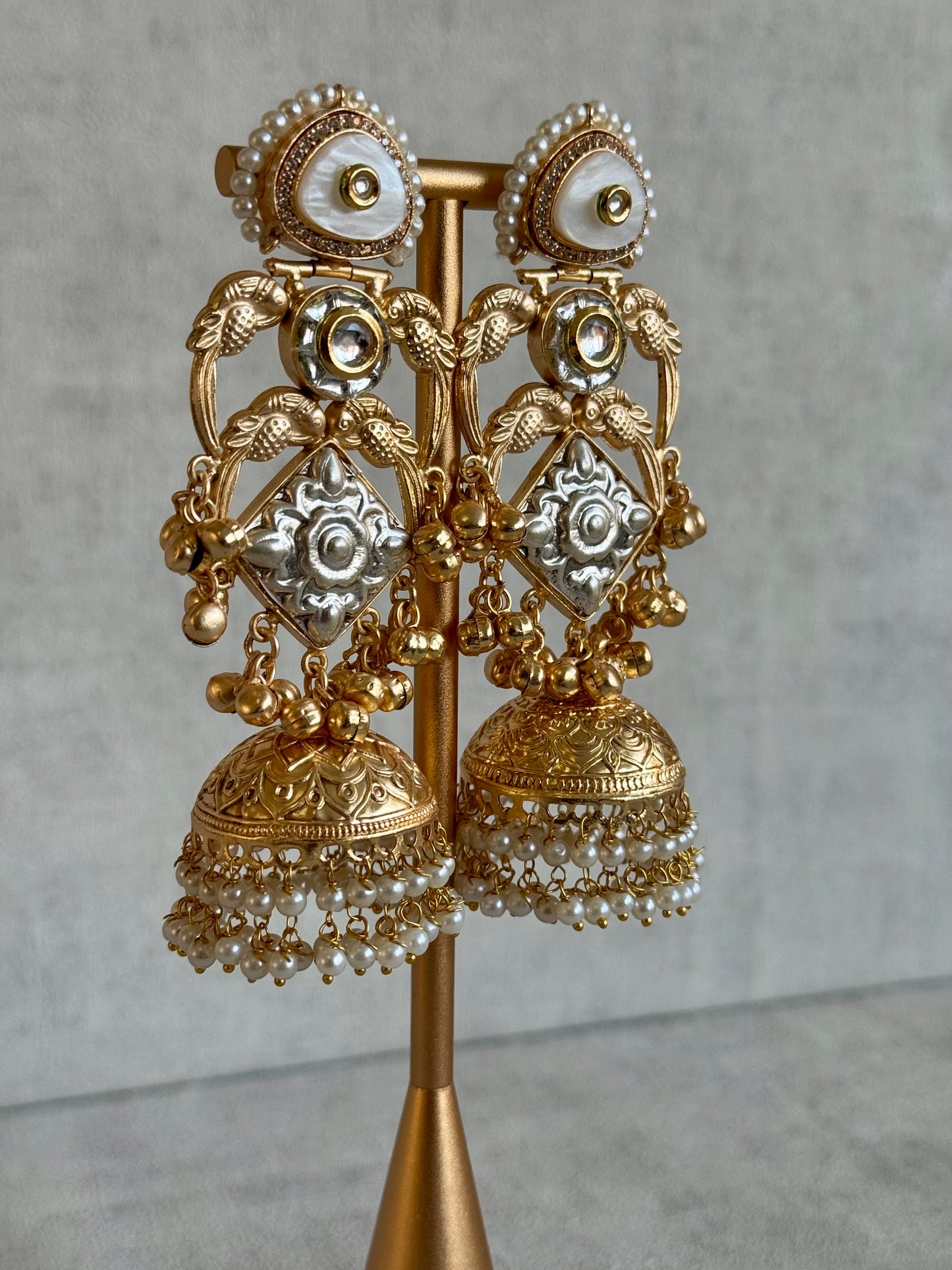 Ayura Designs Zaqsa Earrings – Dual-Tone Antique Gold & Silver Jhumkas with Bird Motifs, Kundan Accents & Pearl Drops