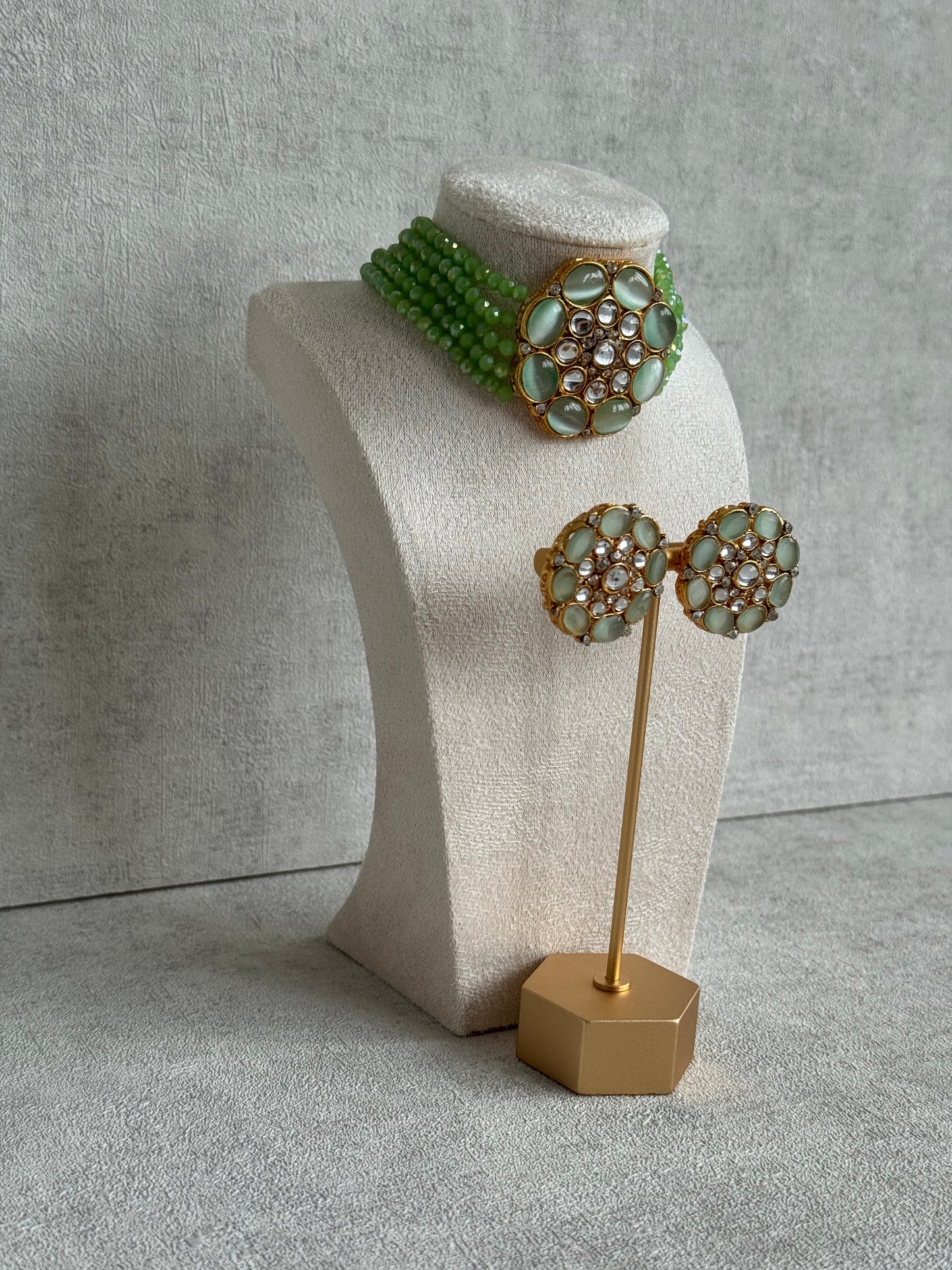 Ayura Designs Yasmin Kundan Choker Set with Studs – Leaf Green Beads & Mirror-Cut Stones