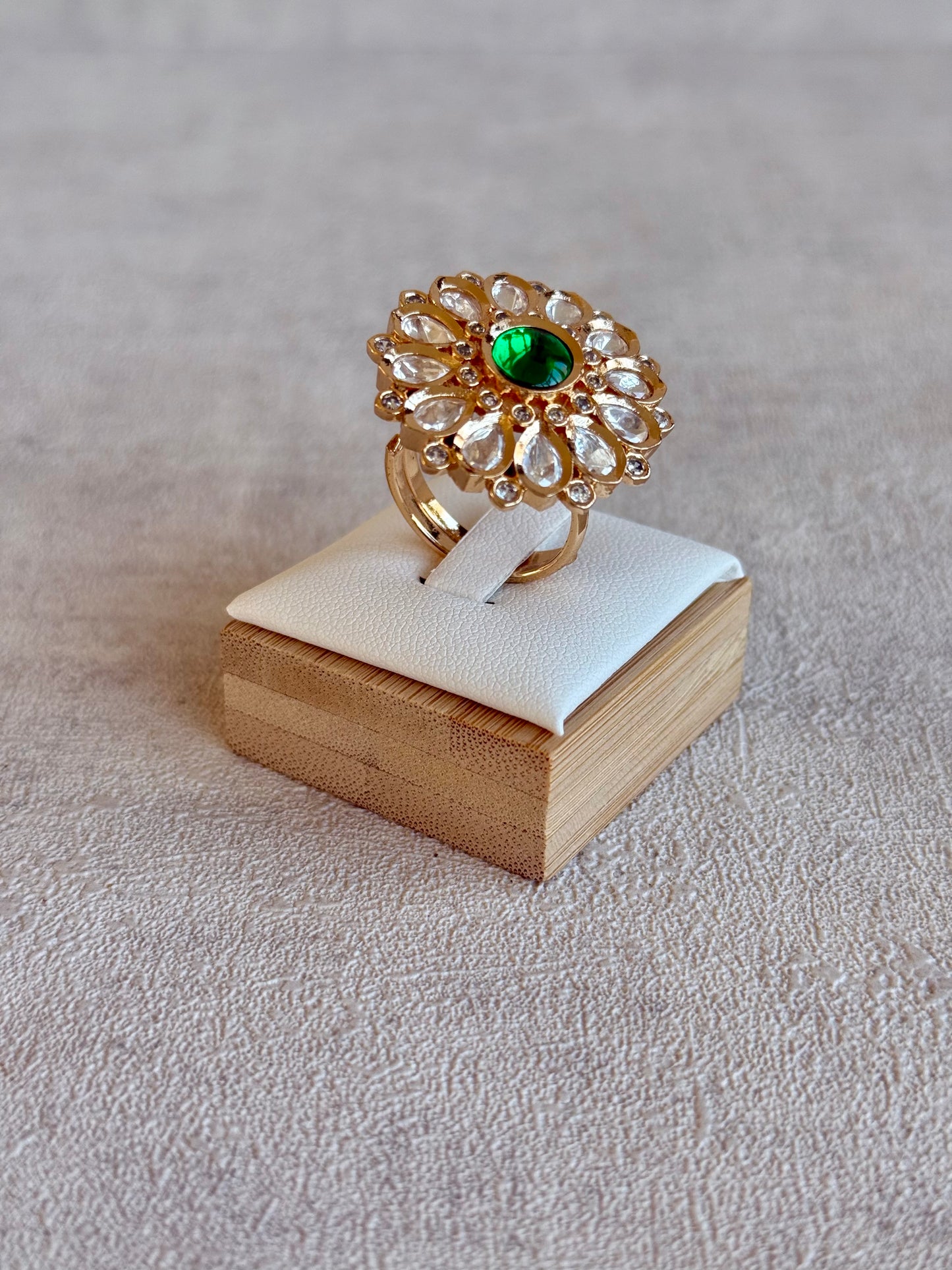 Ayura Designs Luisa Adjustable Ring – Emerald Green Centre Stone with Crystal Petal Detailing