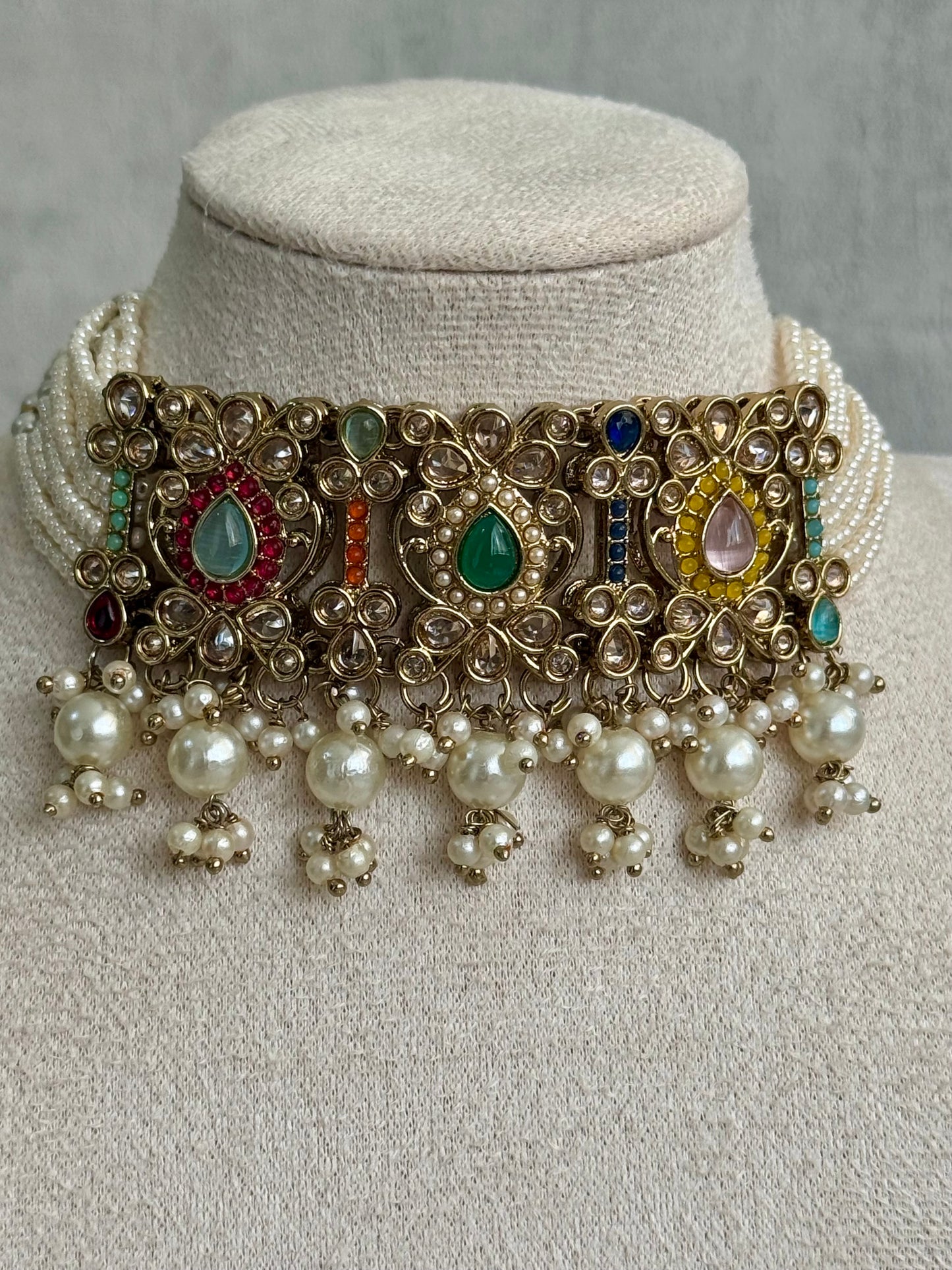 Ayura Designs Rangrez Choker Set with Tikka & Jhumkis – Kundan & Pearl in Multicolor Antique Gold