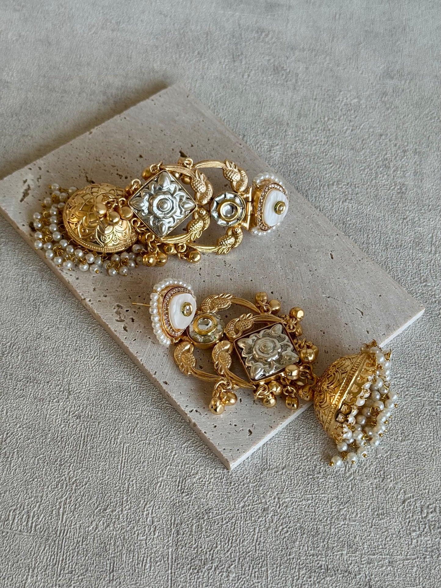 Ayura Designs Zaqsa Earrings – Dual-Tone Antique Gold & Silver Jhumkas with Bird Motifs, Kundan Accents & Pearl Drops