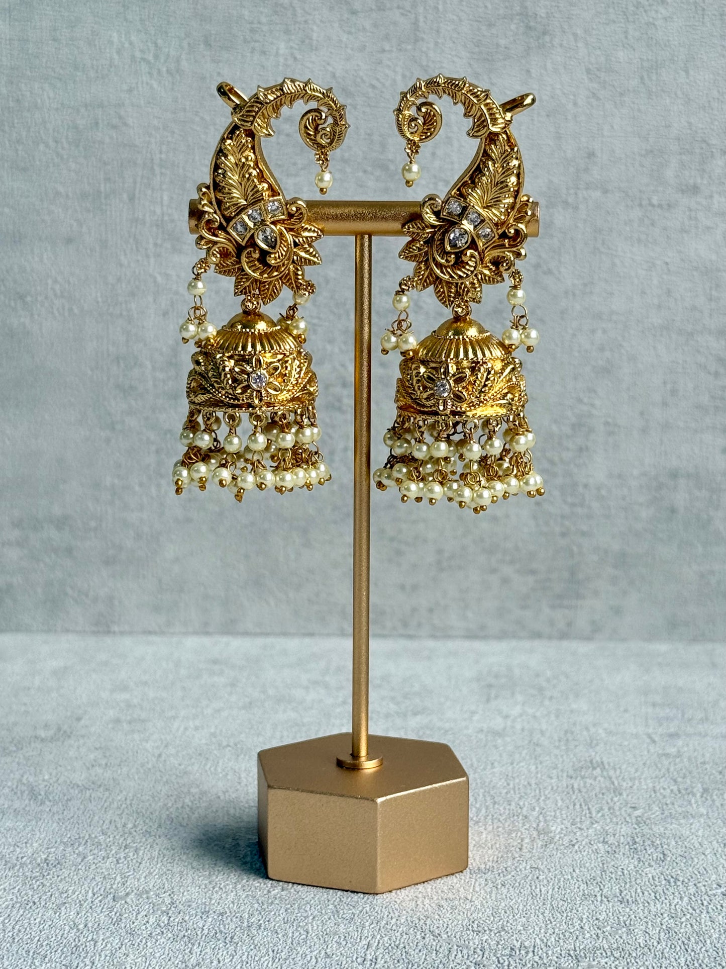 Ayura Designs Anika Jhumkis – Gold Half Ear Cuffs with Floral Motif, Kundan Crystals & Pearl Jhumka Drops