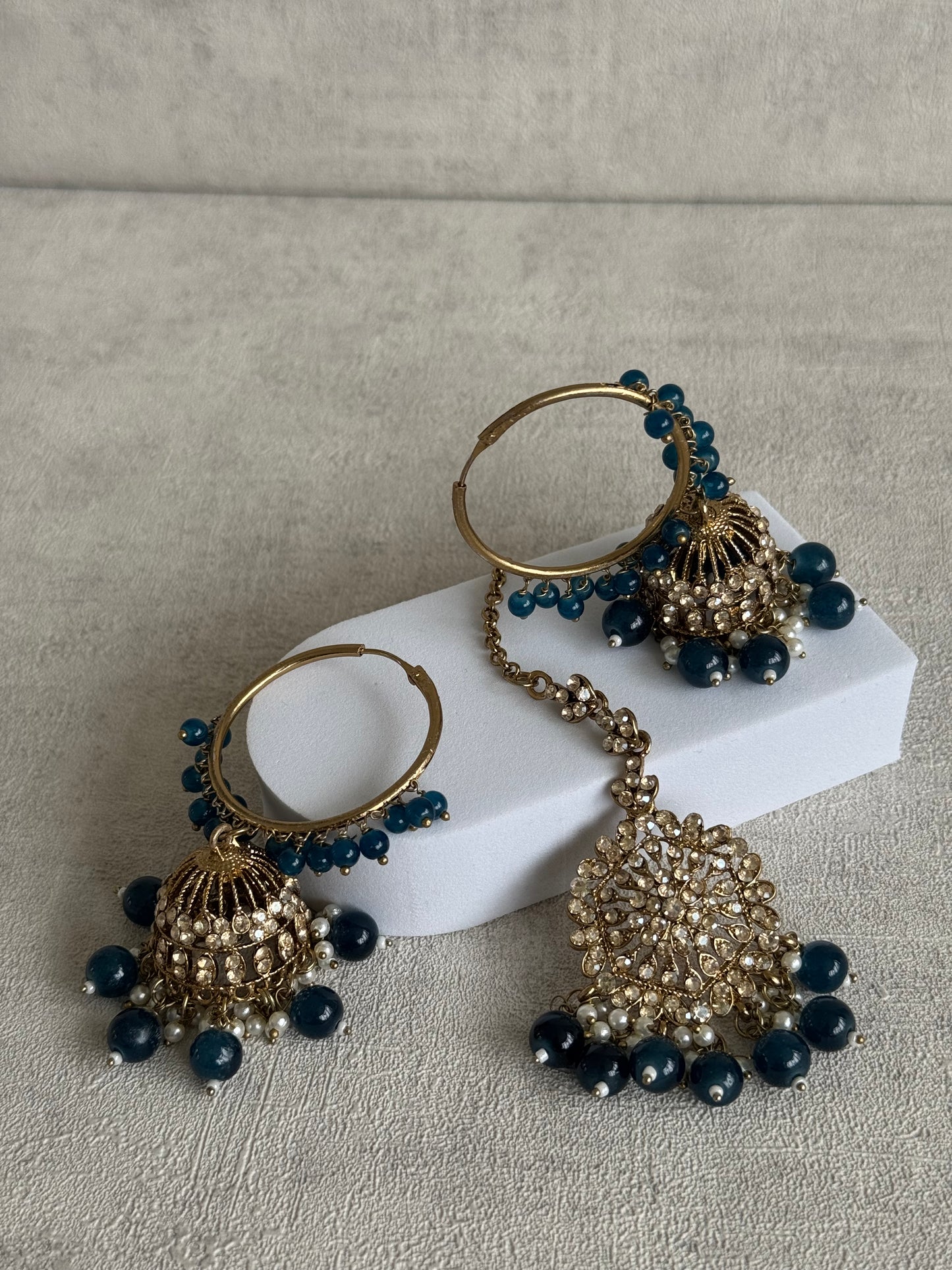 Ayura Designs Dastoor Tikka Set with Balis – Midnight Blue Beads, Champagne Stones & Pearls