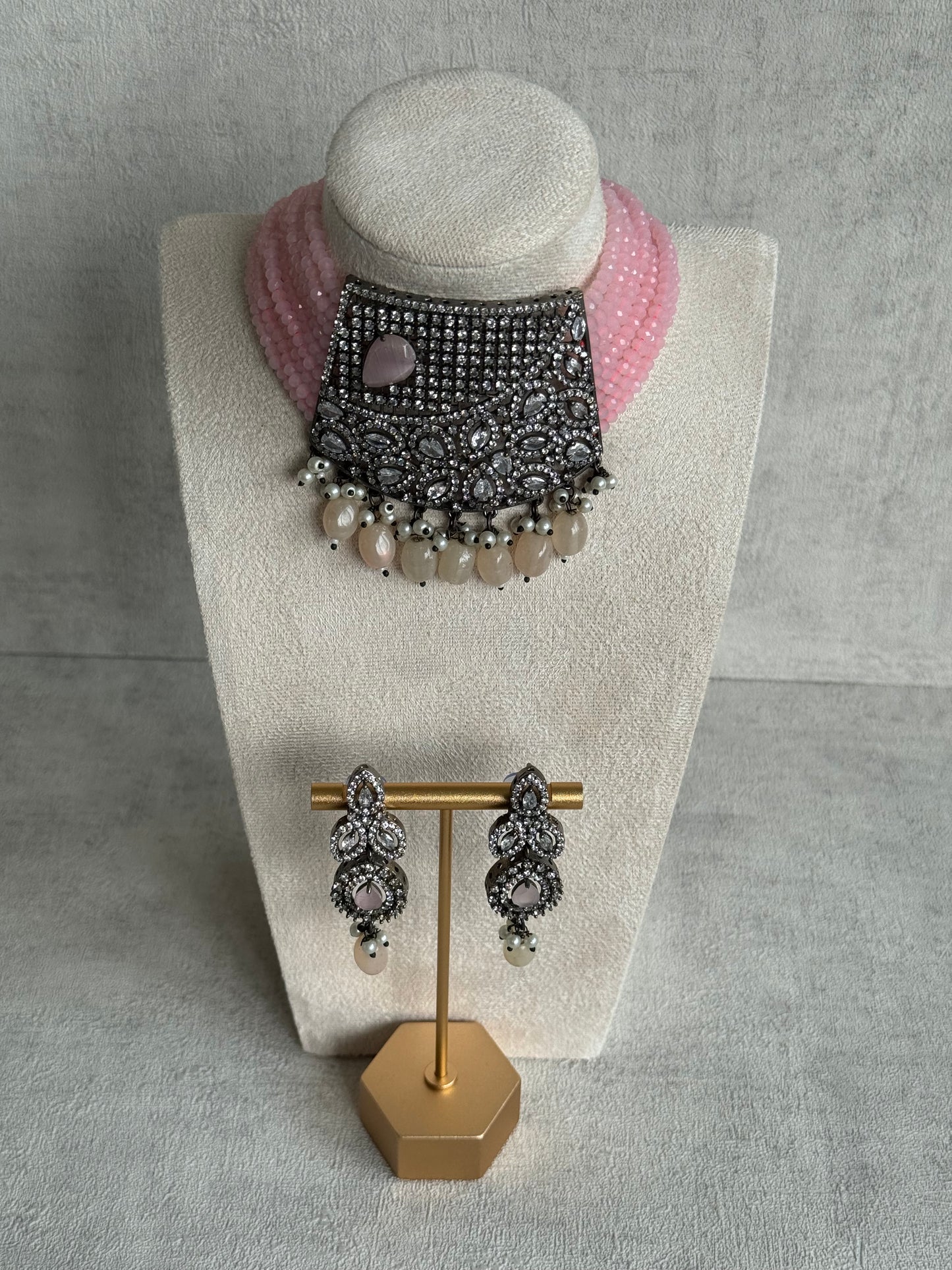 Ayura Designs Summer Choker Set with Earrings – Blush Pink Beads & Oxidised Silver Finish