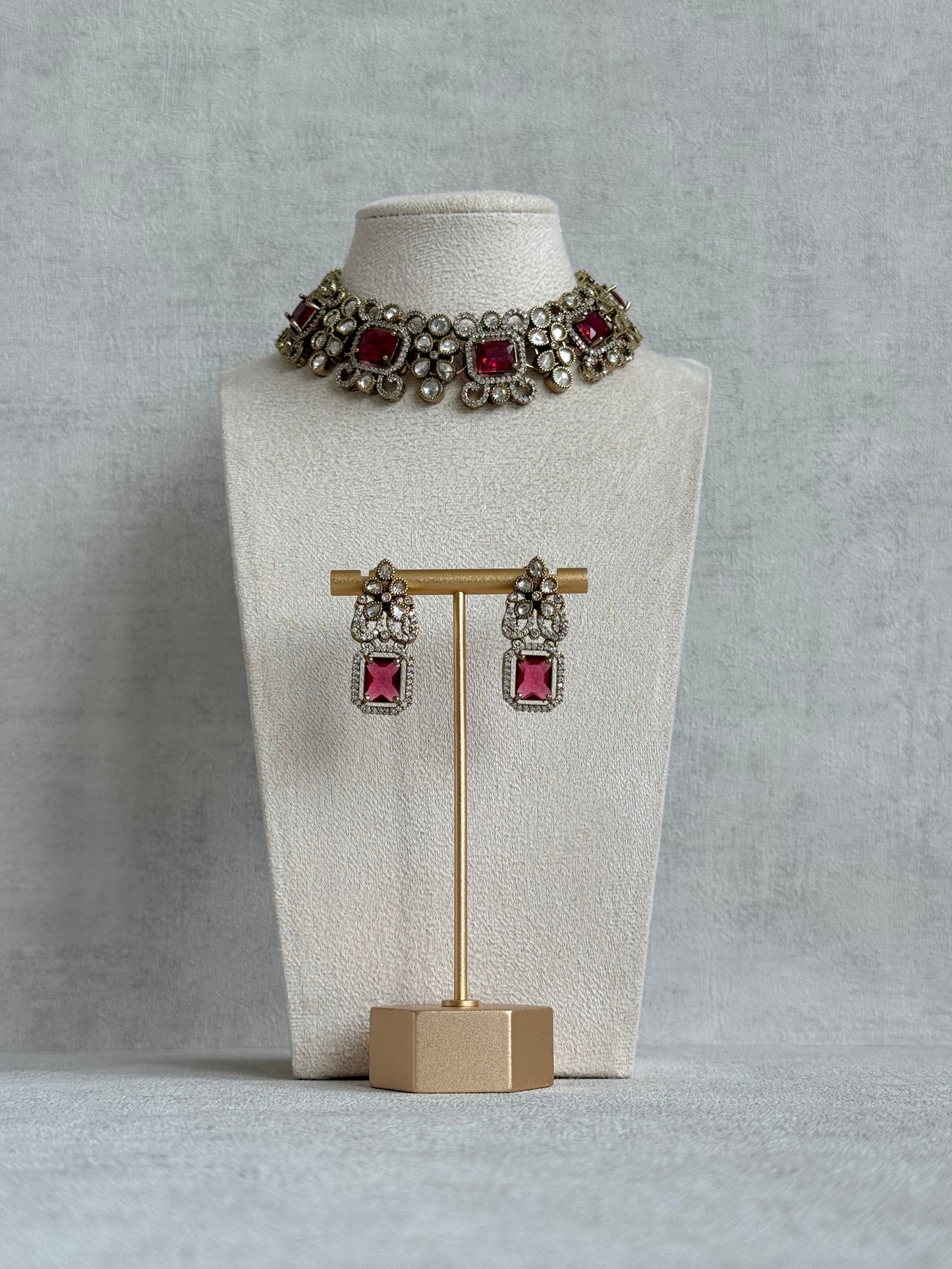 Ayura Designs Celine Necklace Set with Earrings – Moissanite Ruby Rose Statement Set
