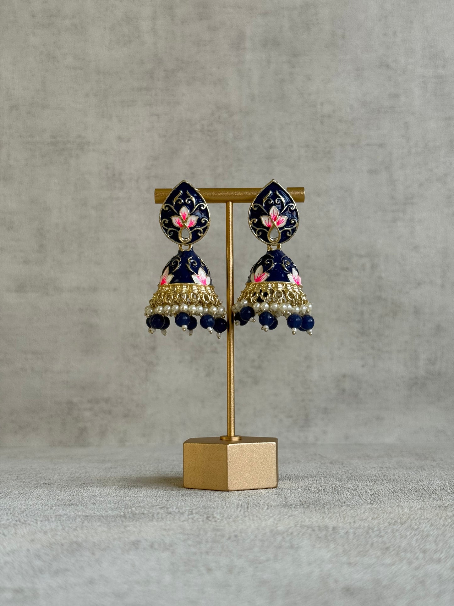 Ayura Designs Gia Jhumkis – Midnight Blue Meenakari with Pink Lotus Motifs & Ivory Pearl Drops