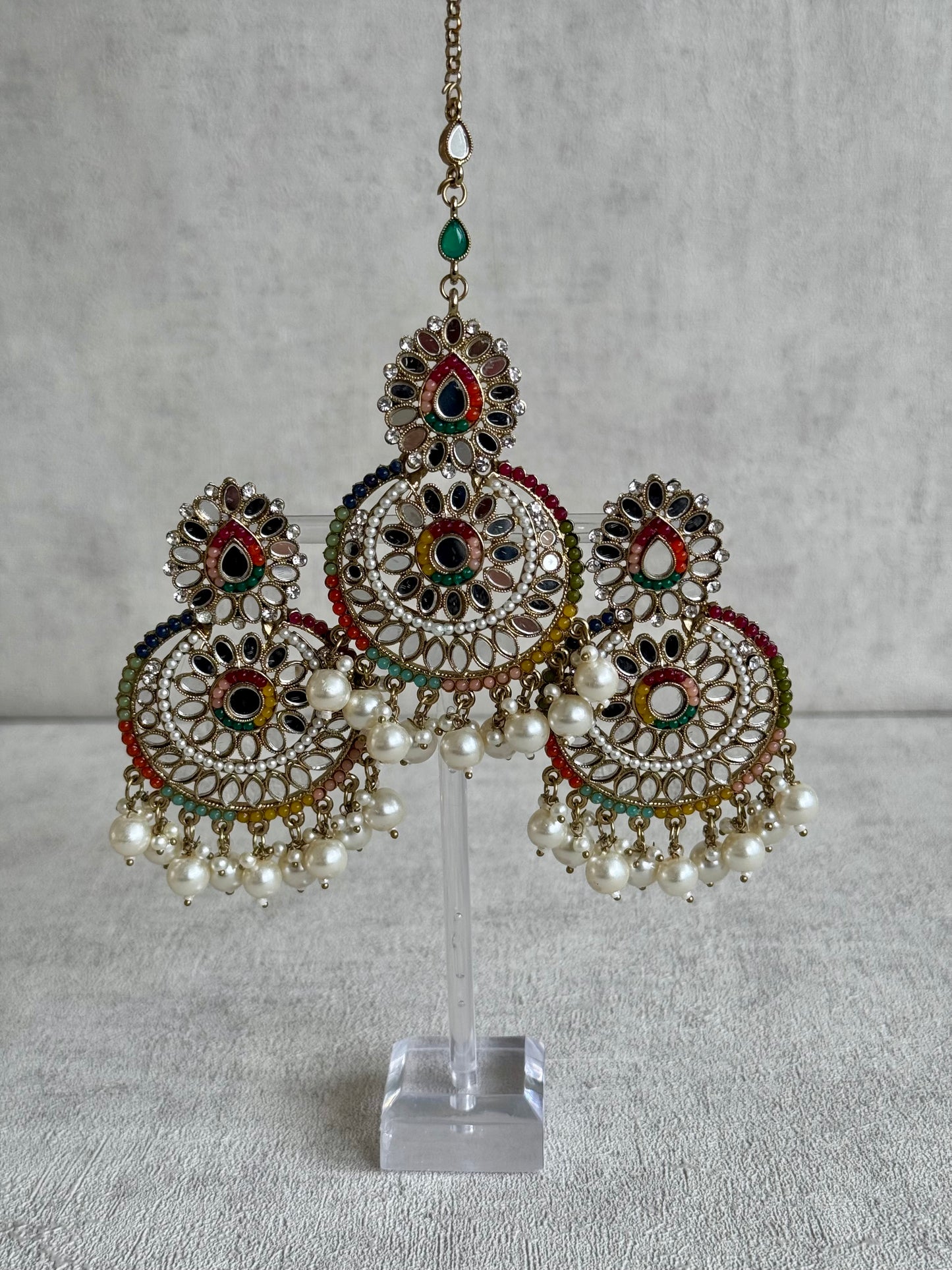 Ayura Designs Dilkash Tikka Set with Earrings – Multicolour Meenakari, Kundan, Mirror Work & Pearls