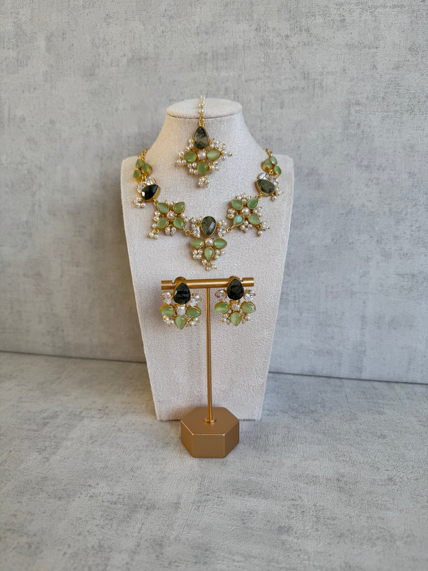 Ayura Designs Zaria Set with Tikka & Earrings – Prehnite, Dark Quartz, Pearls & Crystals