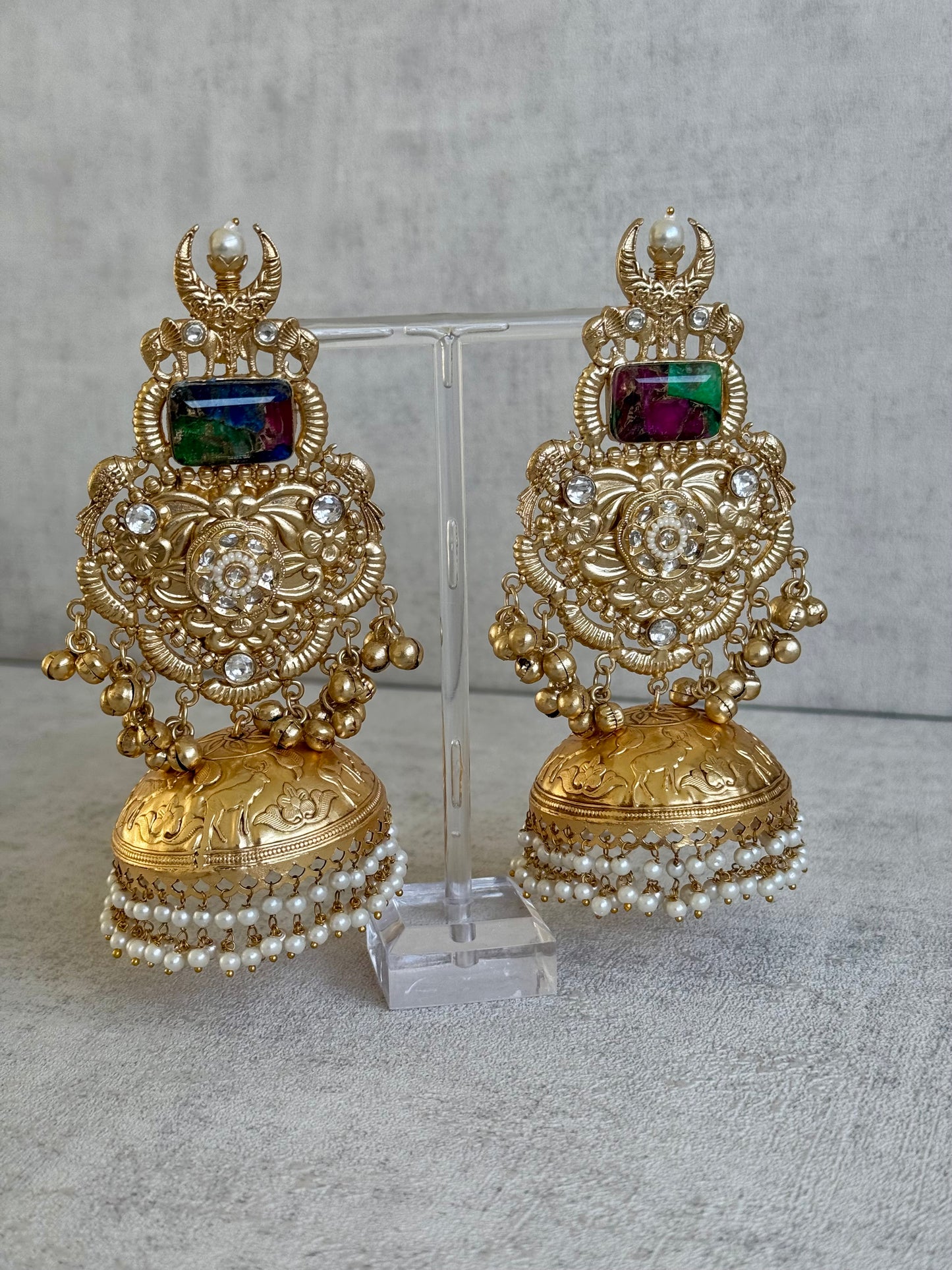 Ayura Designs Adeeba Earrings – Antique Gold Temple Jhumkas with Multicolour Stone Accent & Pearl Drops