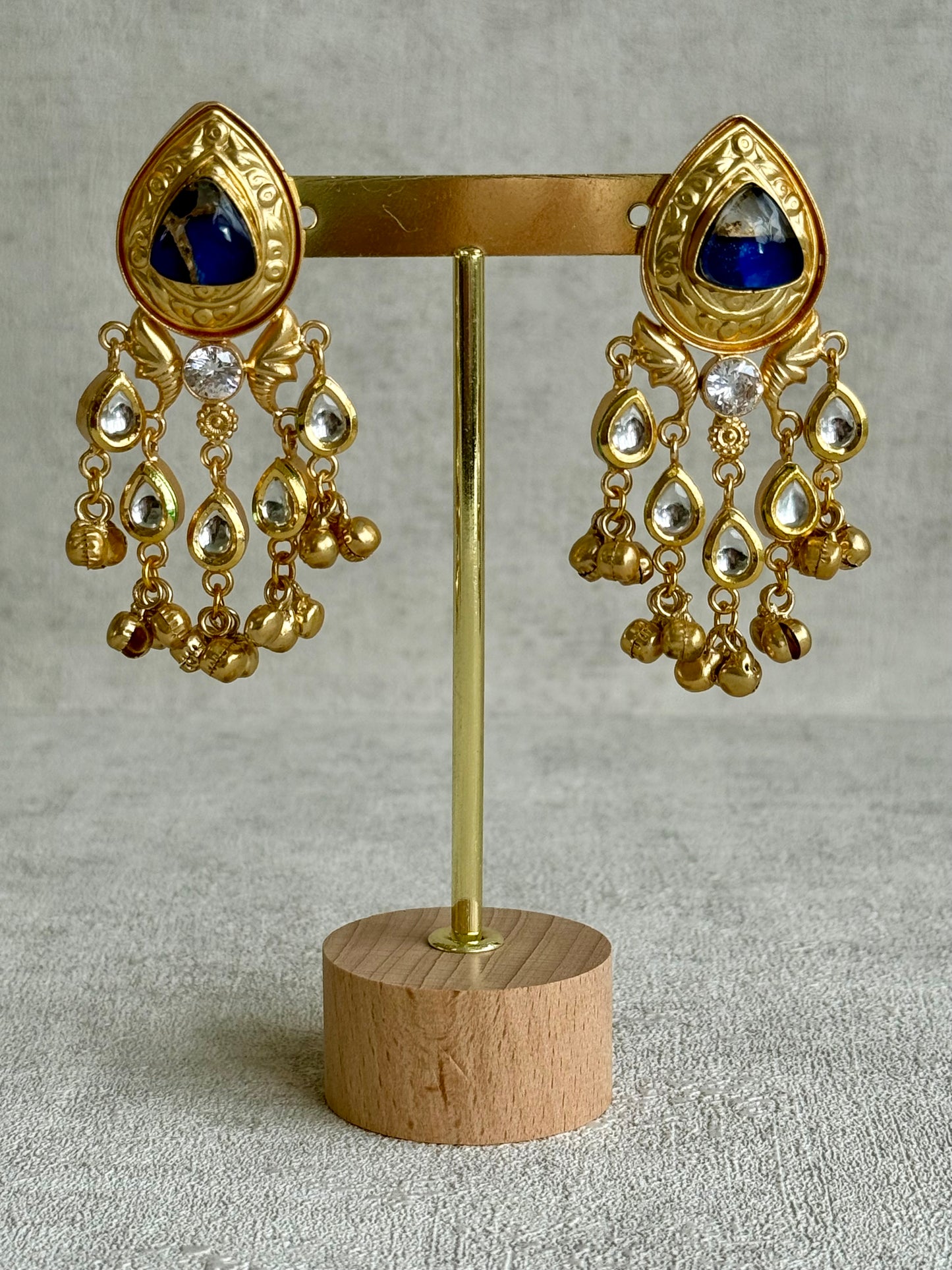 Ayura Designs Arheer Earrings – Sapphire Blue Marble with Kundan Detailing & Antique Gold Ghungroos