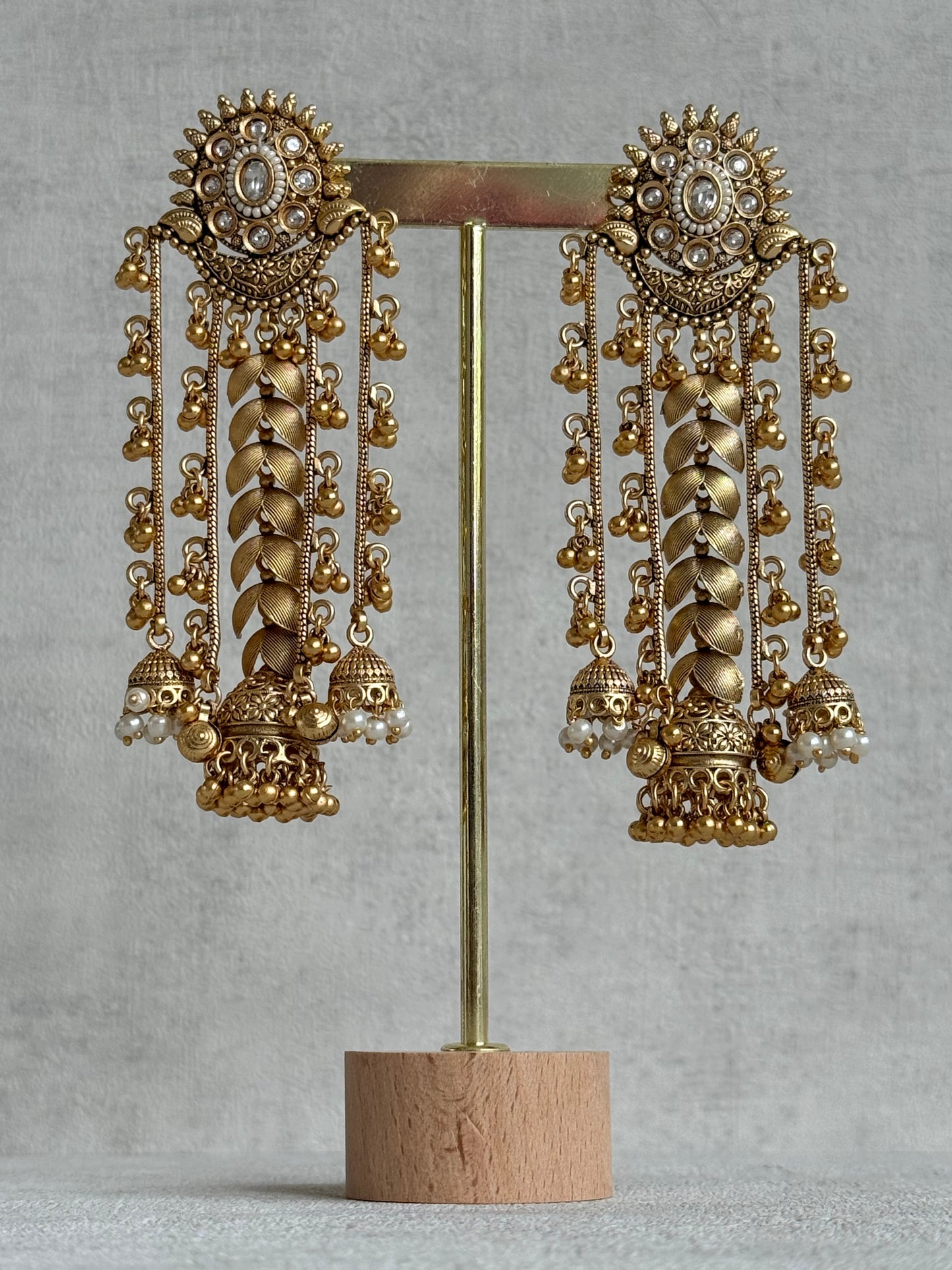 Ayura Designs Ishya Jhumkis – Gold Ghungroo Chain Earrings with Ivory Kundan & Pearls