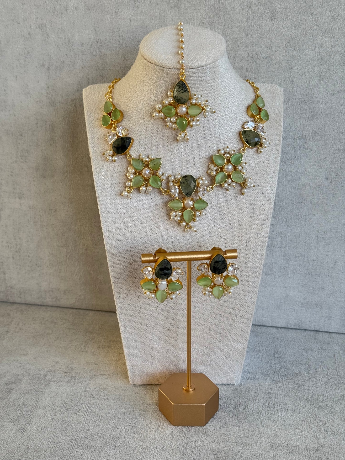 Ayura Designs Zaria Set with Tikka & Earrings – Prehnite, Dark Quartz, Pearls & Crystals