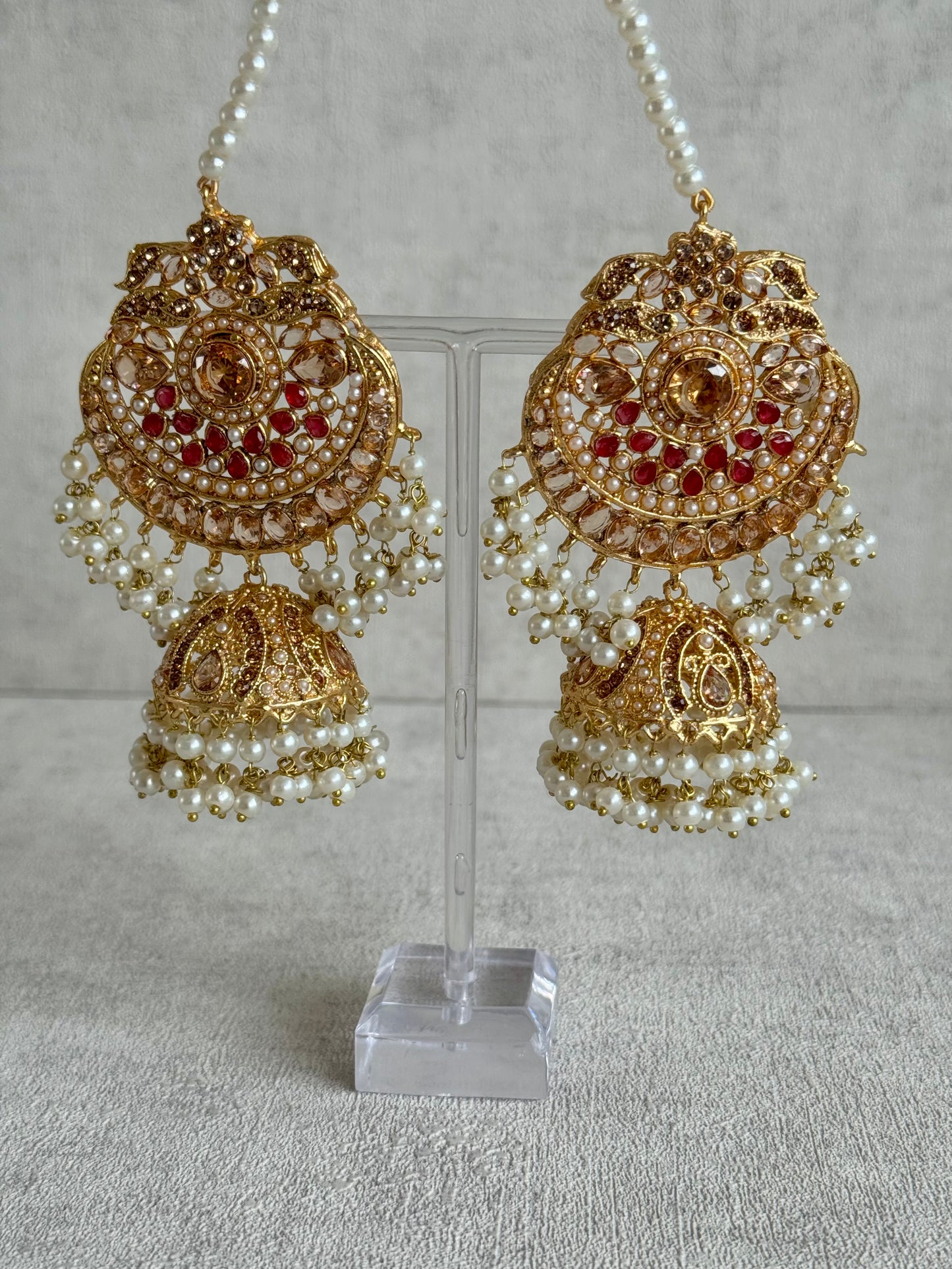 Ayura Designs Zarnigar Tikka Set with Sahare Jhumkis – Champagne & Ruby Stones with Pearl Detailing