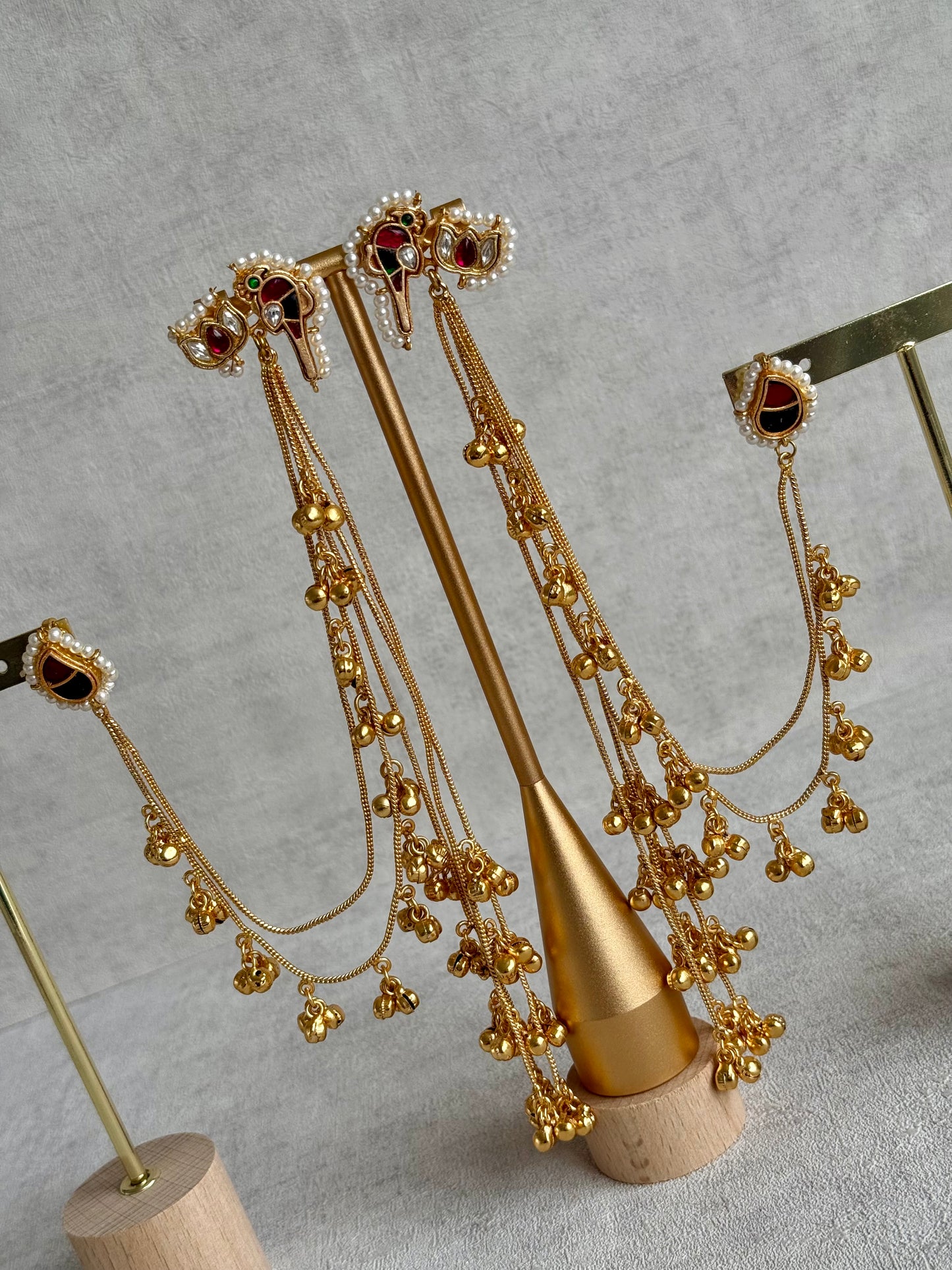 Ayura Designs Aman Earrings with Sahare – Kashmiri-Inspired Meenakari in Ruby Red & Emerald Green with Bird & Lotus Motifs