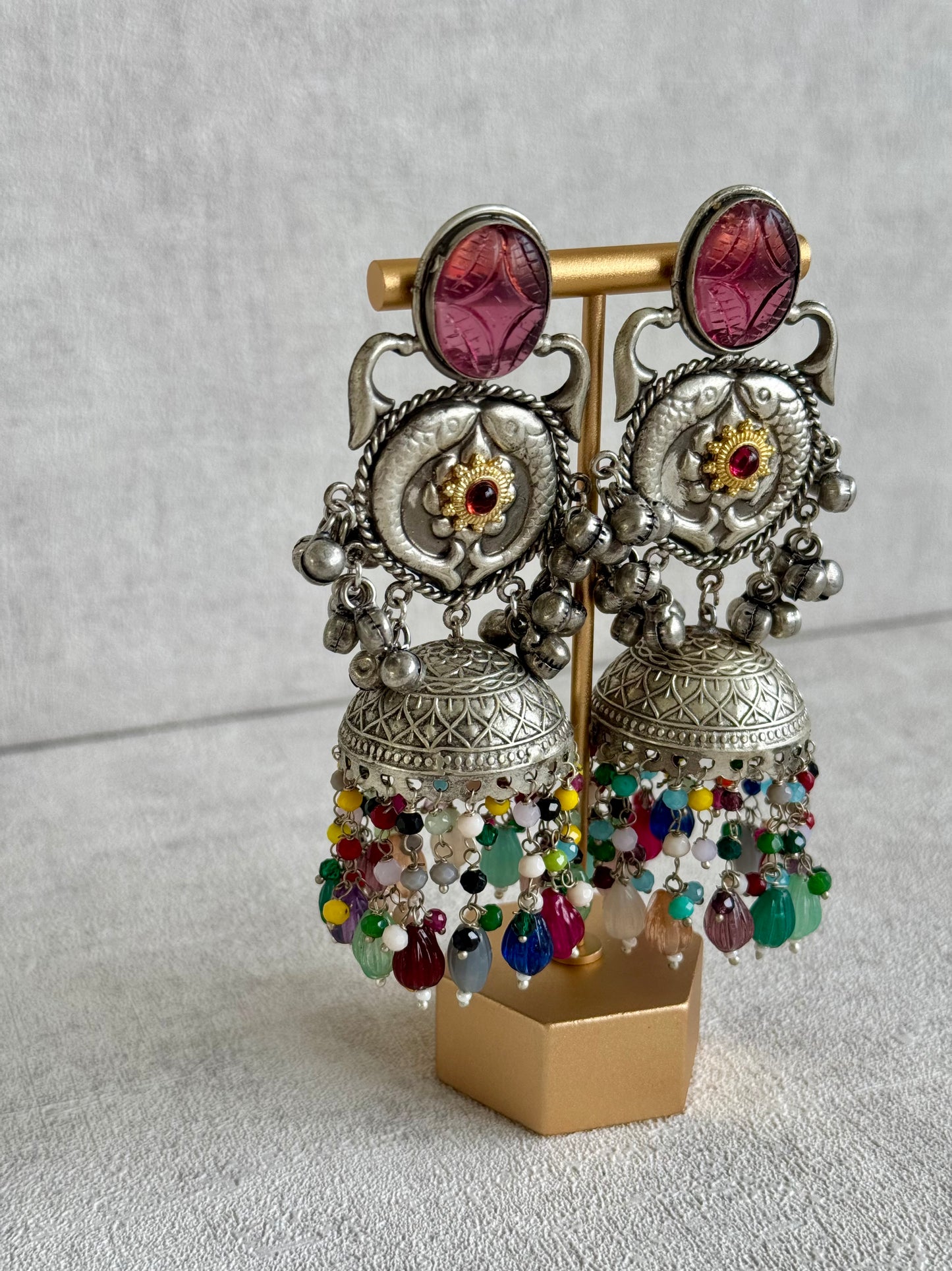 Ayura Designs Meera Earrings – Antique Silver with Multicolour Beads & Carved Glass Stone