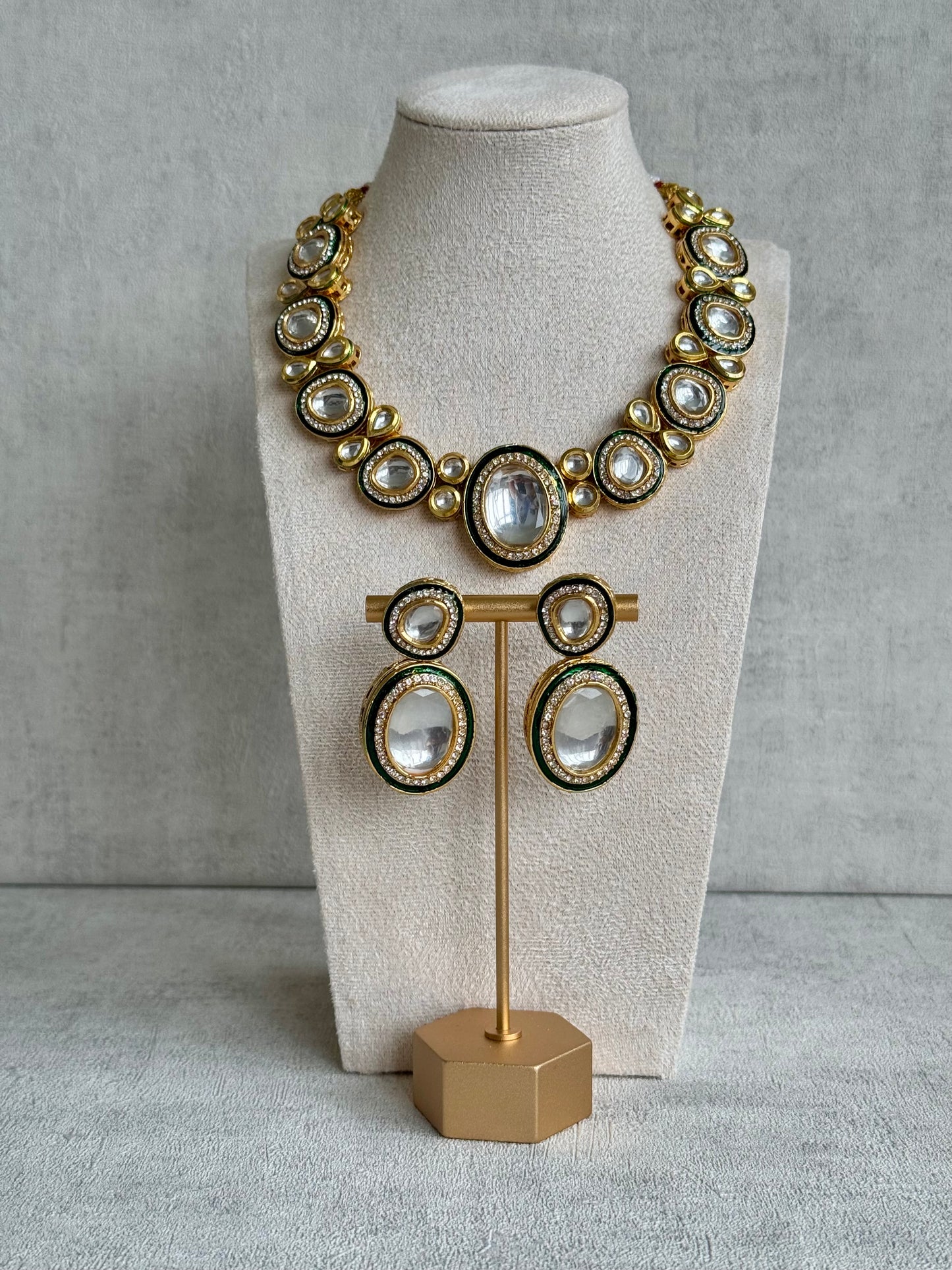 Ayura Designs Sahiba Set – Gold and Emerald Green Kundan Necklace with Oversized Oval Stones and Matching Drop Earrings