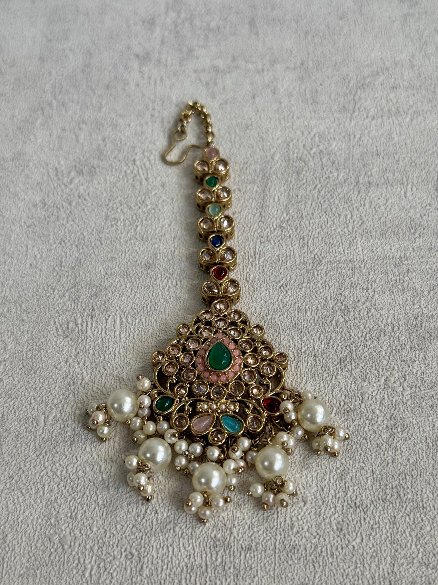 Ayura Designs Rangrez Choker Set with Tikka & Jhumkis – Kundan & Pearl in Multicolor Antique Gold
