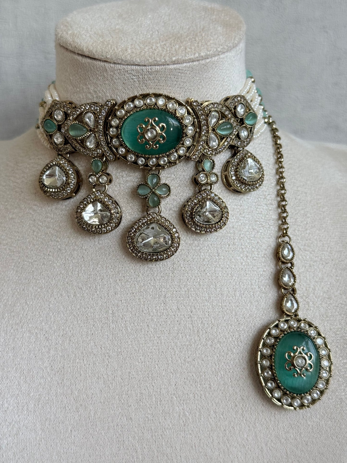 Ayura Designs Myra Choker Set with Jhumkis & Tikka – Mint Green Kundan & Pearl Detailing