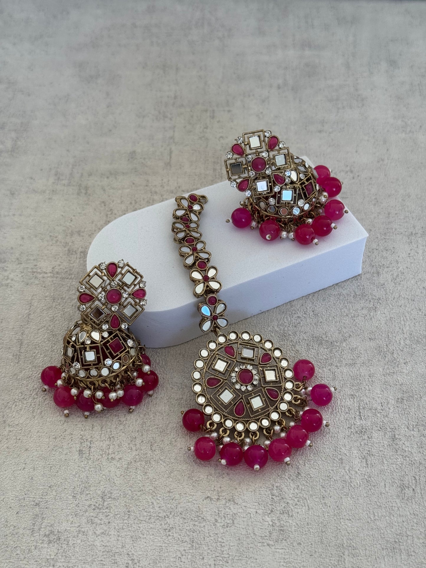 Ayura Designs Heer Tikka Set with Jhumkis – Pink, Mirror & Polki Stonework