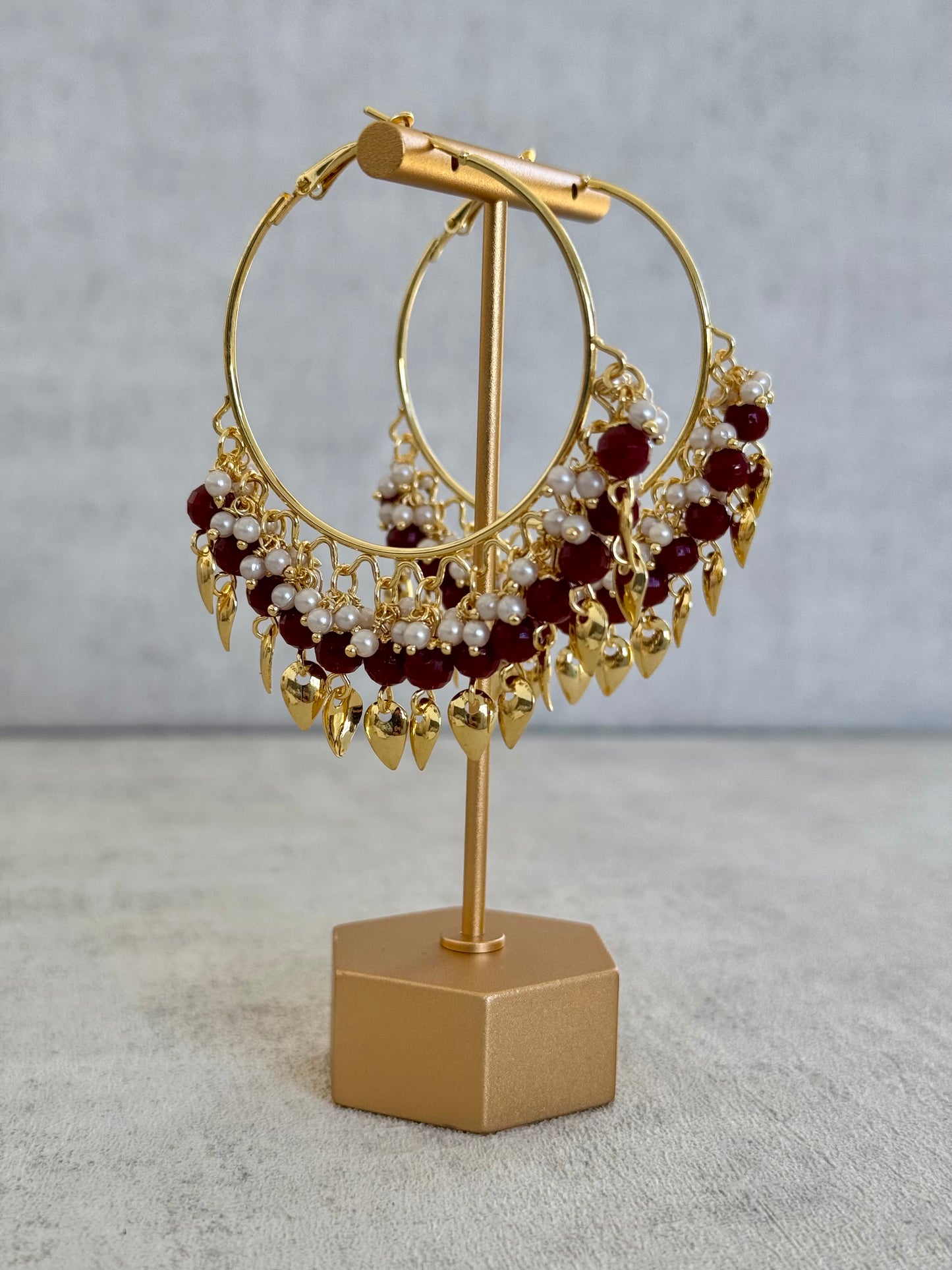 Ayura Designs Riwaaz Bali – Ruby Red Beaded Hoops with Gold Leaf Charms