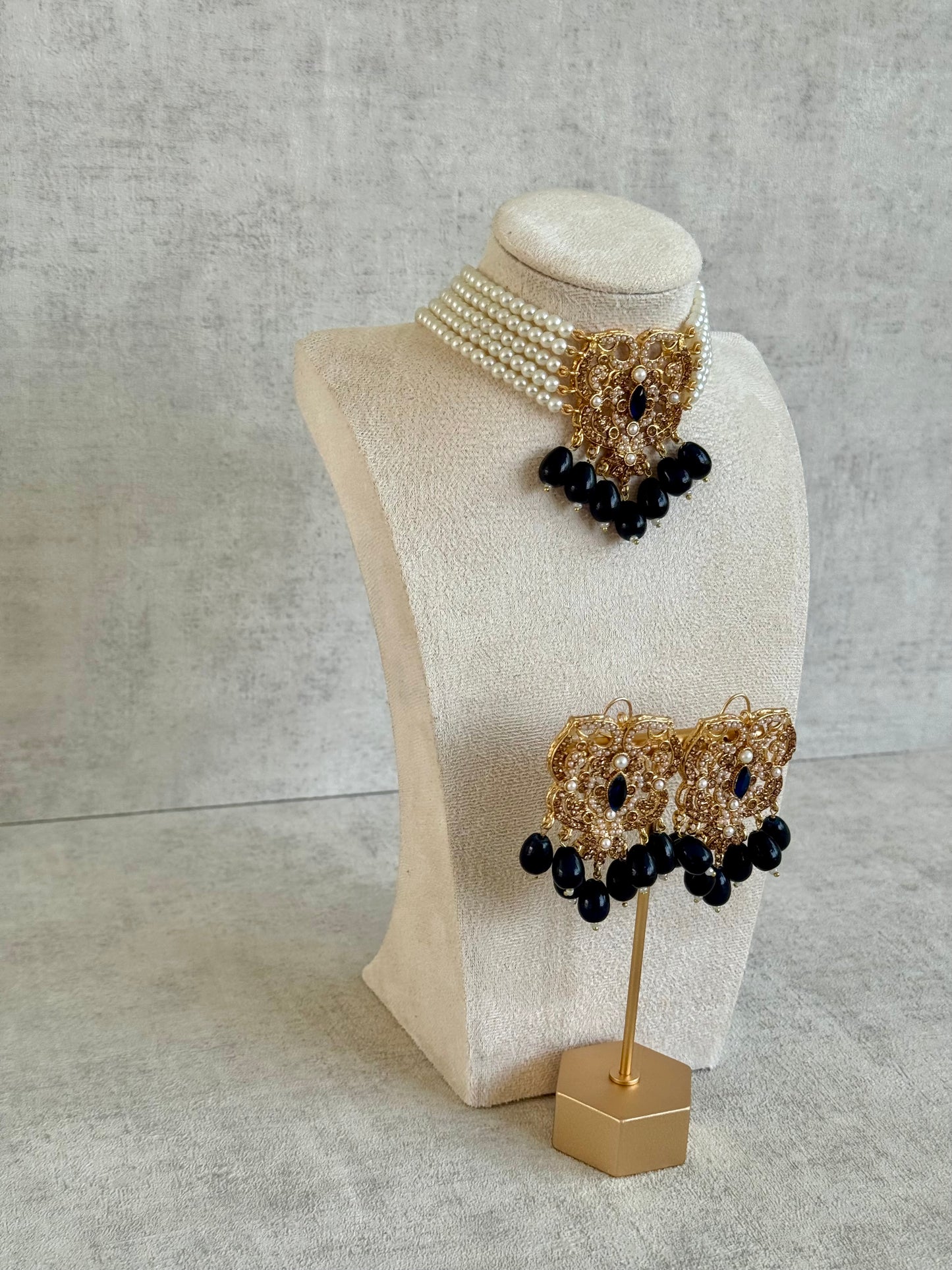 Ayura Designs Nura Choker Set with Earrings – Midnight Blue Drops & Ivory Pearls
